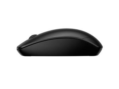 Eine elegante schwarze kabellose Computermaus, von der Seite betrachtet, vor einem weißen Hintergrund.