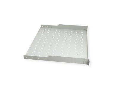 Ein weißes, rechteckiges belüftetes Server-Rack-Regal mit Montageklammern an den Seiten, geeignet zur Unterstützung von elektronischer Ausrüstung.