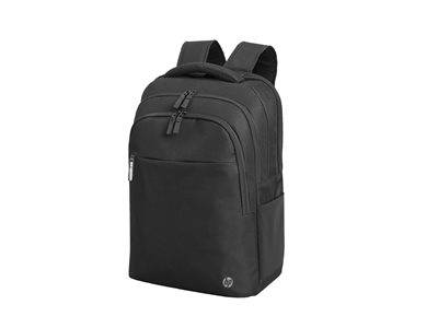 Ein schwarzer Laptop-Rucksack mit mehreren Reißverschlussfächern und Taschen, der ein einfaches Design zeigt, das sich ideal zum Transportieren eines Laptops und Zubehörs eignet.