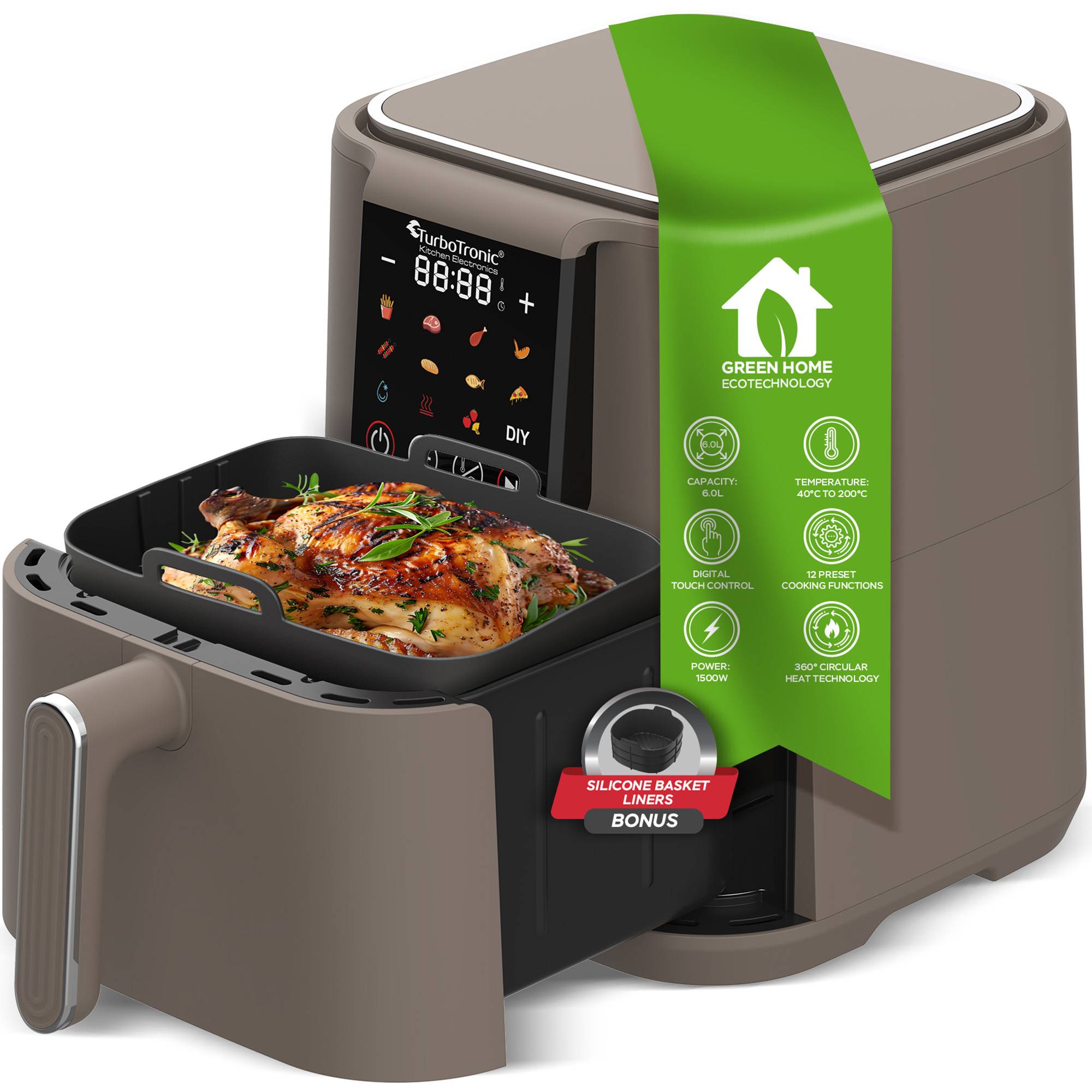 TurboTronic Heißluftfritteuse XL 6Liter 0,6kg Pommes Silikoneinlage 12 Programme digital Touch-Steuerung 1500W Power Airfryer 40-200°C Luftfritteuse