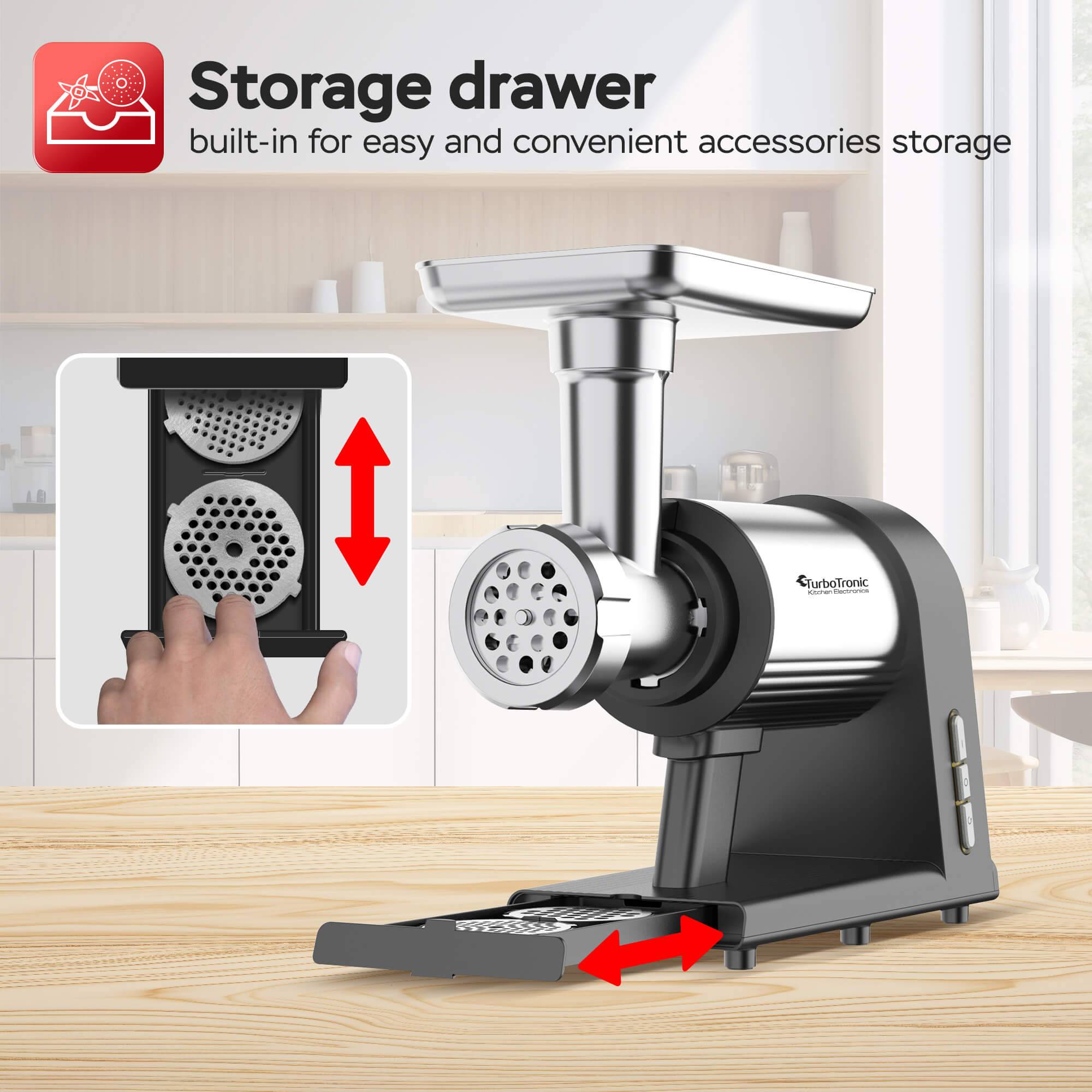 TurboTronic Elektrischer Fleischwolf Samurai – 2600W beste Maschine mit Spritzgepäckvorsatz Metallgetriebe Gemüse Zerkleinerer Zubehör aus Edelst