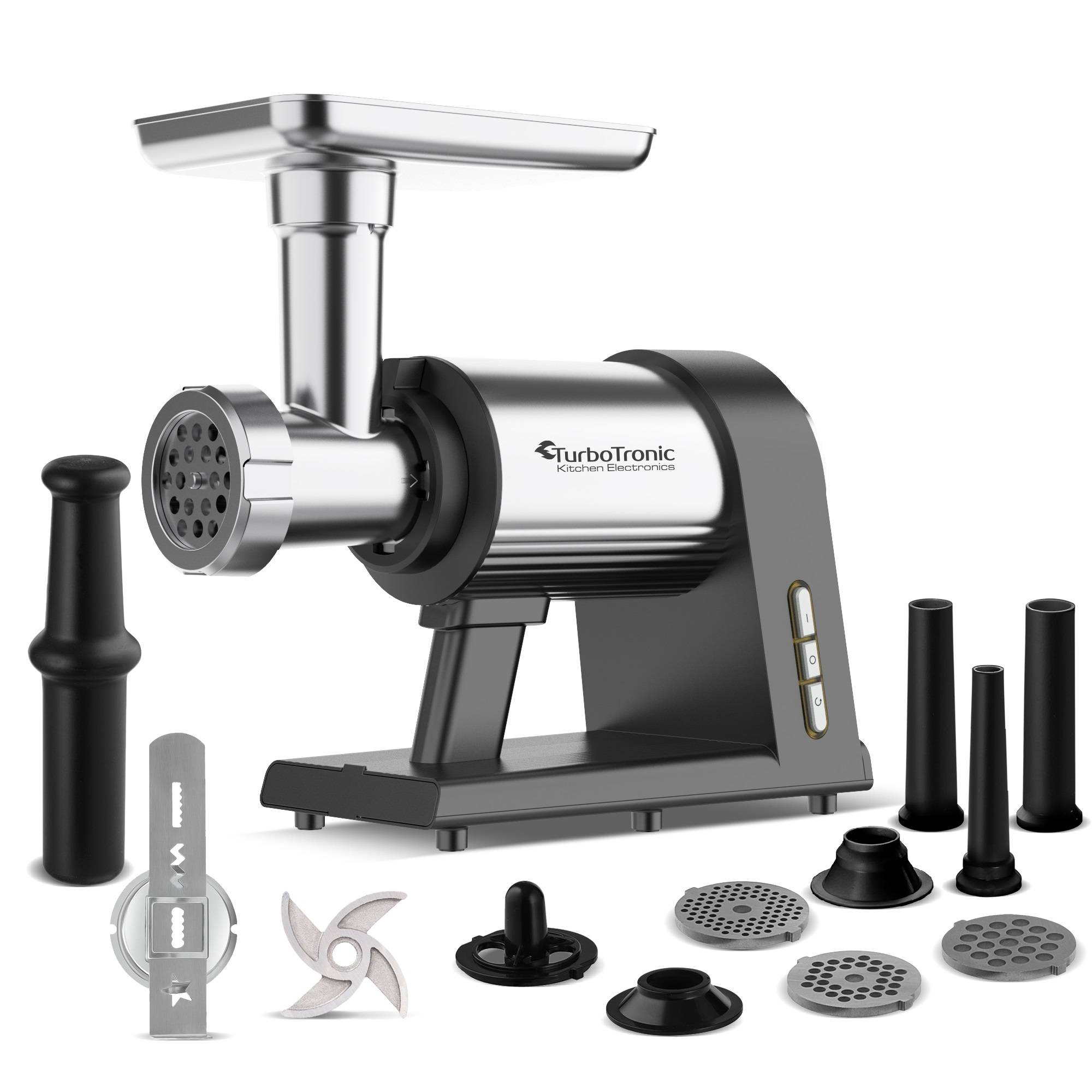 TurboTronic Elektrischer Fleischwolf Samurai – 2600W beste Maschine mit Spritzgepäckvorsatz Metallgetriebe Gemüse Zerkleinerer Zubehör aus Edelst