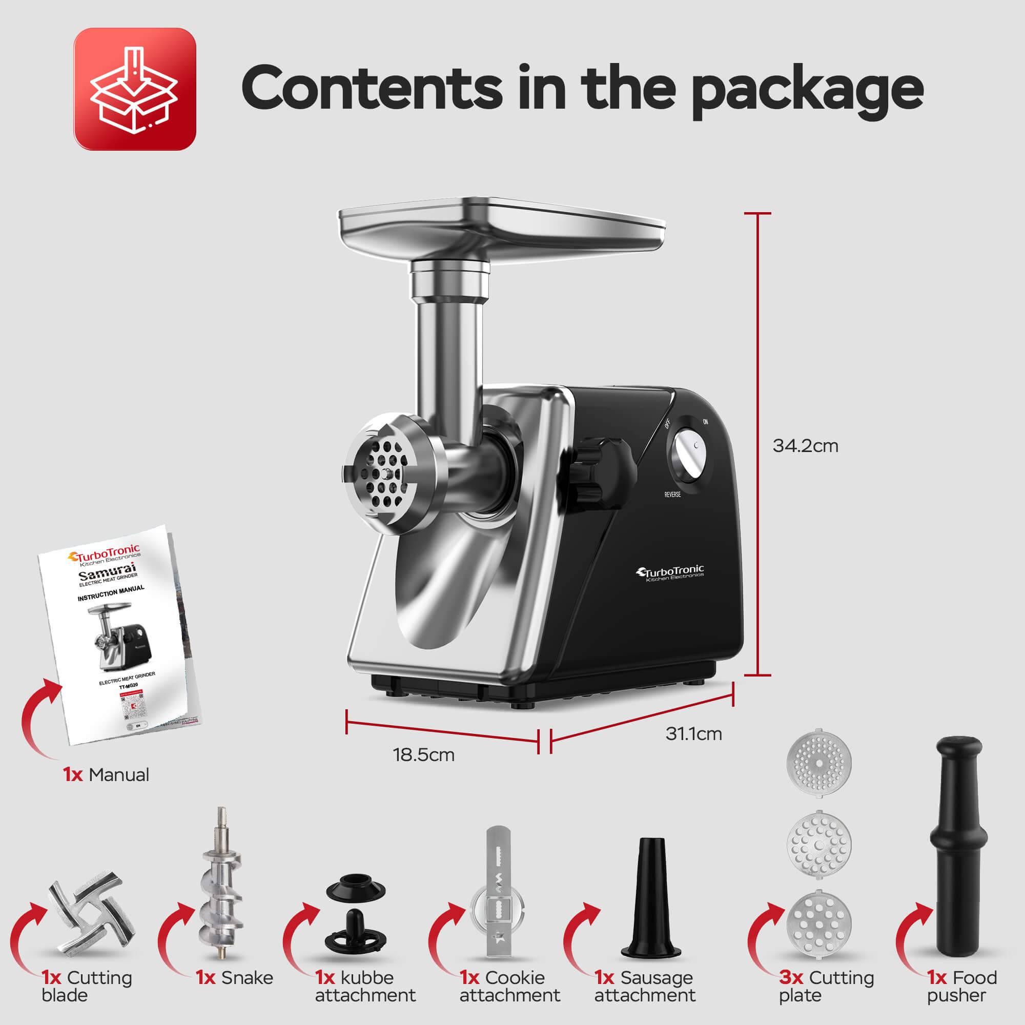 TurboTronic Elektrischer Fleischwolf Samurai – 2000W rostfreie Edelstahl Klingen Metallgetriebe beste Maschine Wurstfüller mit Spritzgebäckvorsatz