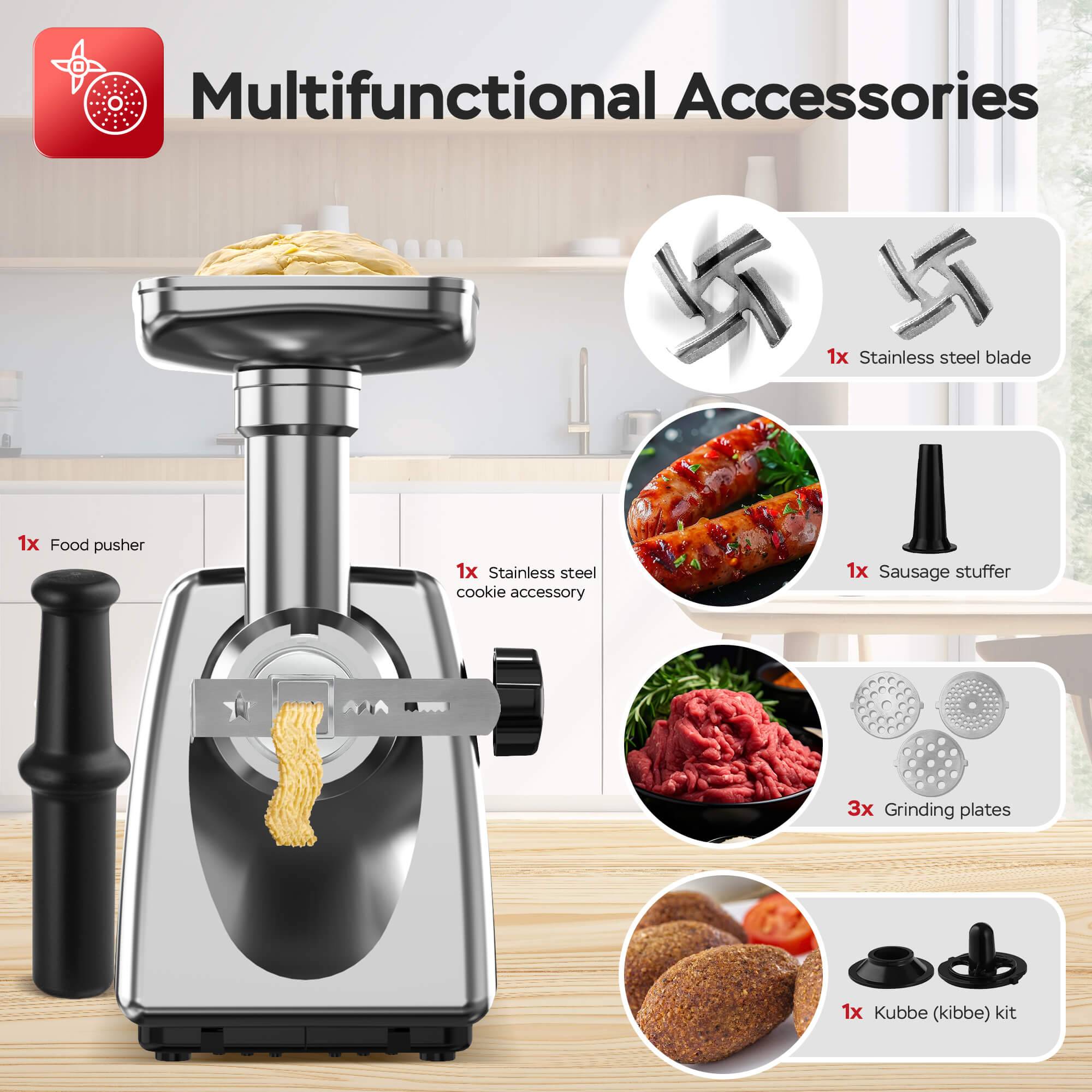 TurboTronic Elektrischer Fleischwolf Samurai – 2000W rostfreie Edelstahl Klingen Metallgetriebe beste Maschine Wurstfüller mit Spritzgebäckvorsatz