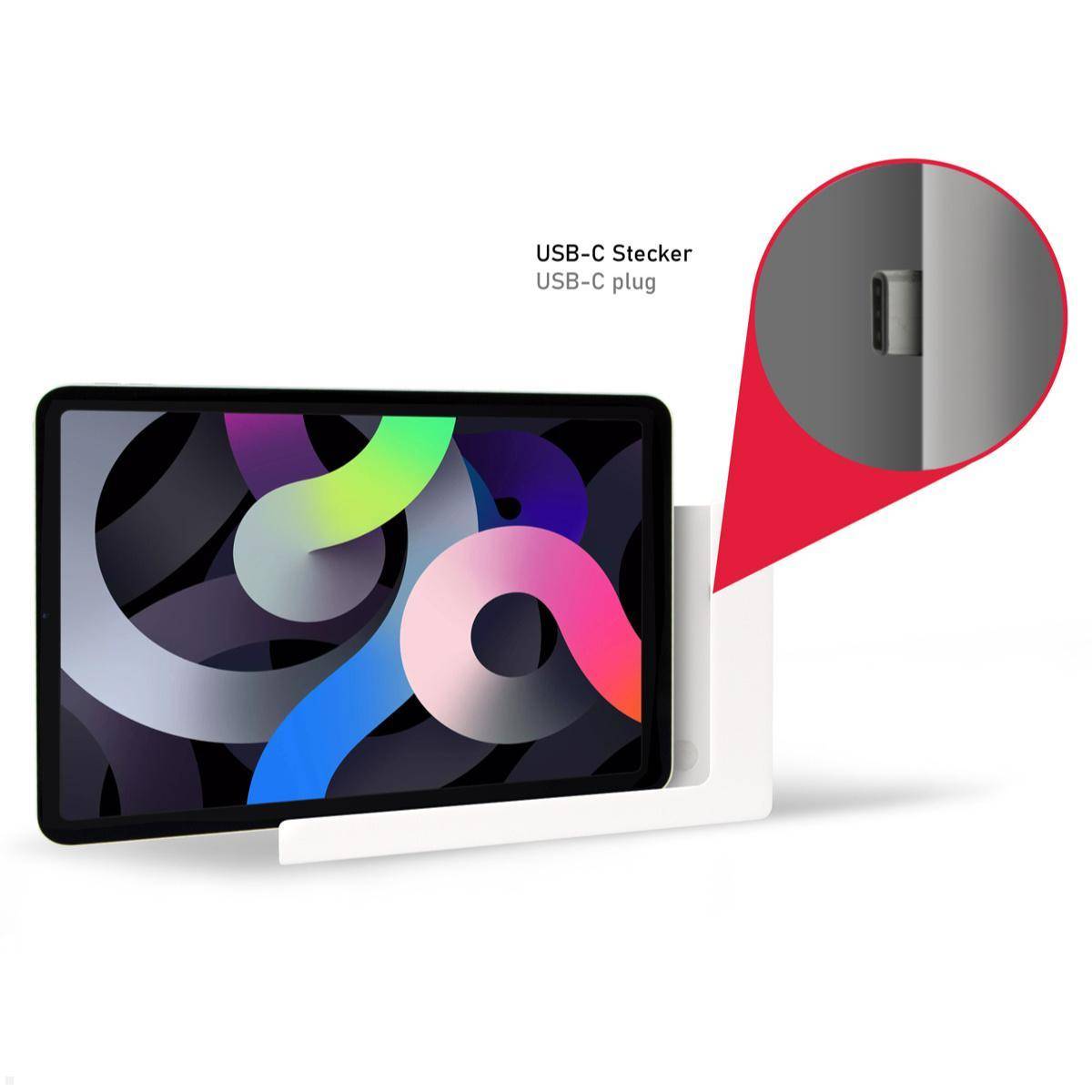 Eine Tablette auf einem Ständer mit einer Nahaufnahme des USB-C-Steckers an der Seite, wobei der Anschlussbereich hervorgehoben wird.