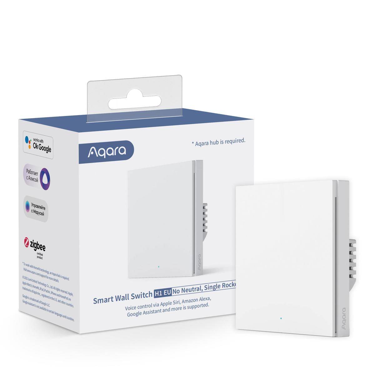 AQAZWS-EUK01 - Smart Wall Switch H1 White No Neutral, Single Rocker (Zigbee)