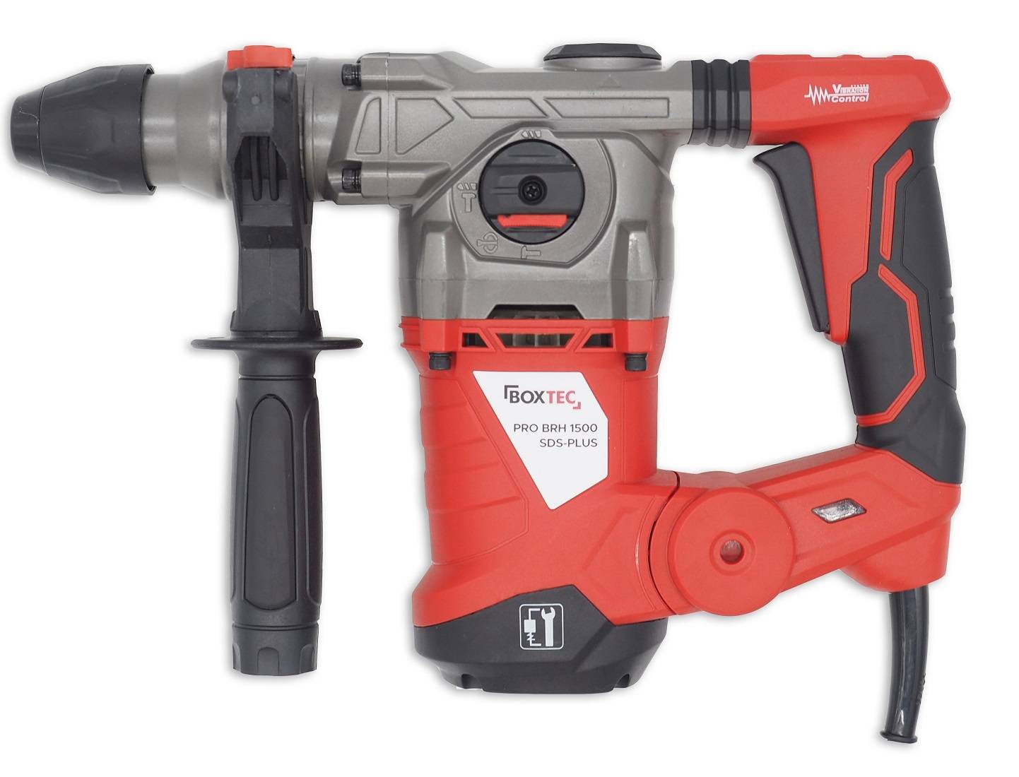 Ein rot und grau gefärbter elektrischer Bohrhammer mit Seitengiff und Stromkabel, gezeigt vor weißem Hintergrund.
