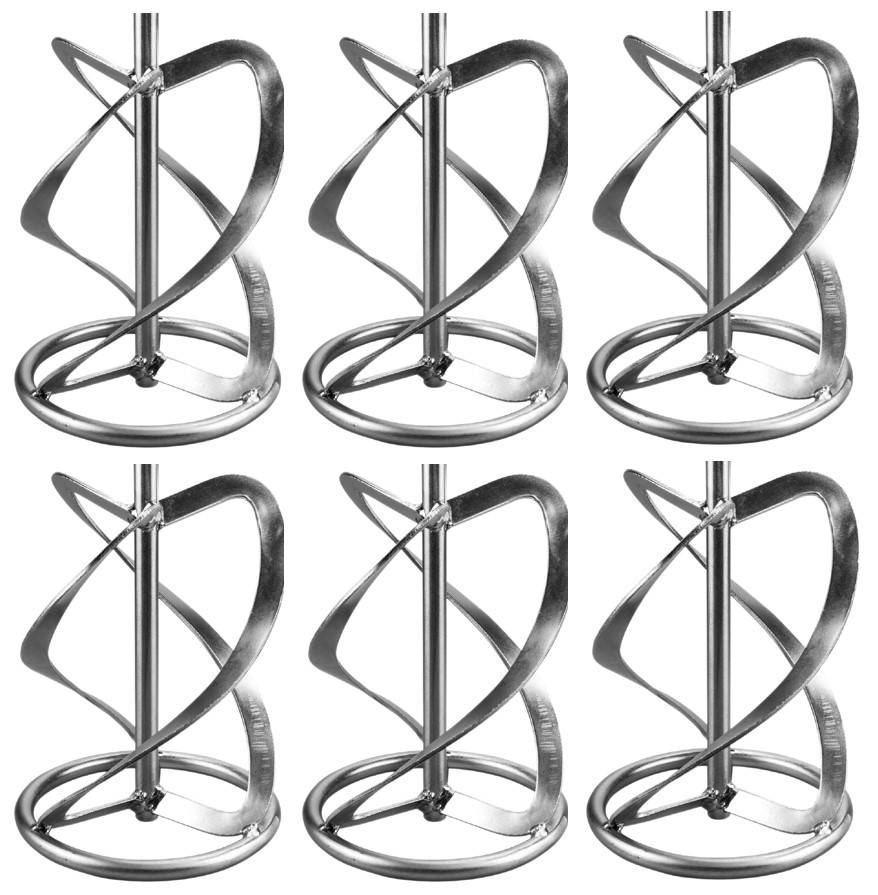 Sechs identische Spiraldraht-Schneebesenaufsätze aus Edelstahl in einem 2x3-Raster auf weißem Hintergrund angeordnet.