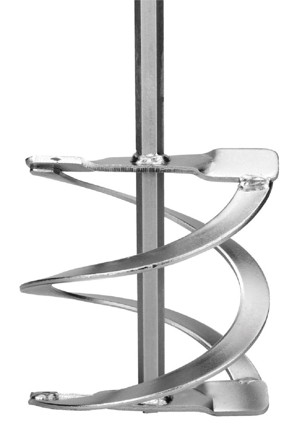 Metallisches spiralförmiges Mischband, das an einer zentralen Welle befestigt ist, in einer Nahaufnahme auf weißem Hintergrund dargestellt.
