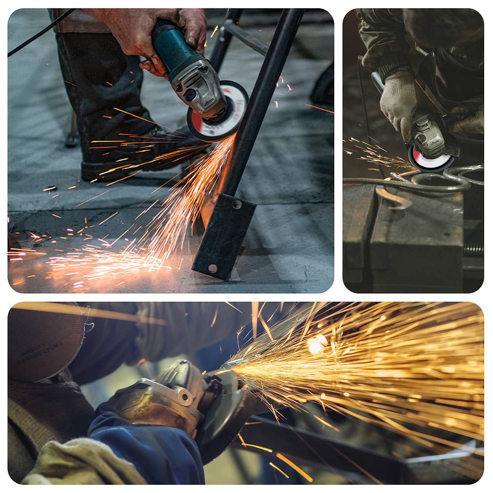 Collage von Arbeitern, die Winkelschleifer auf Metall verwenden, mit hellen Funken, die in einer Werkstatt fliegen.