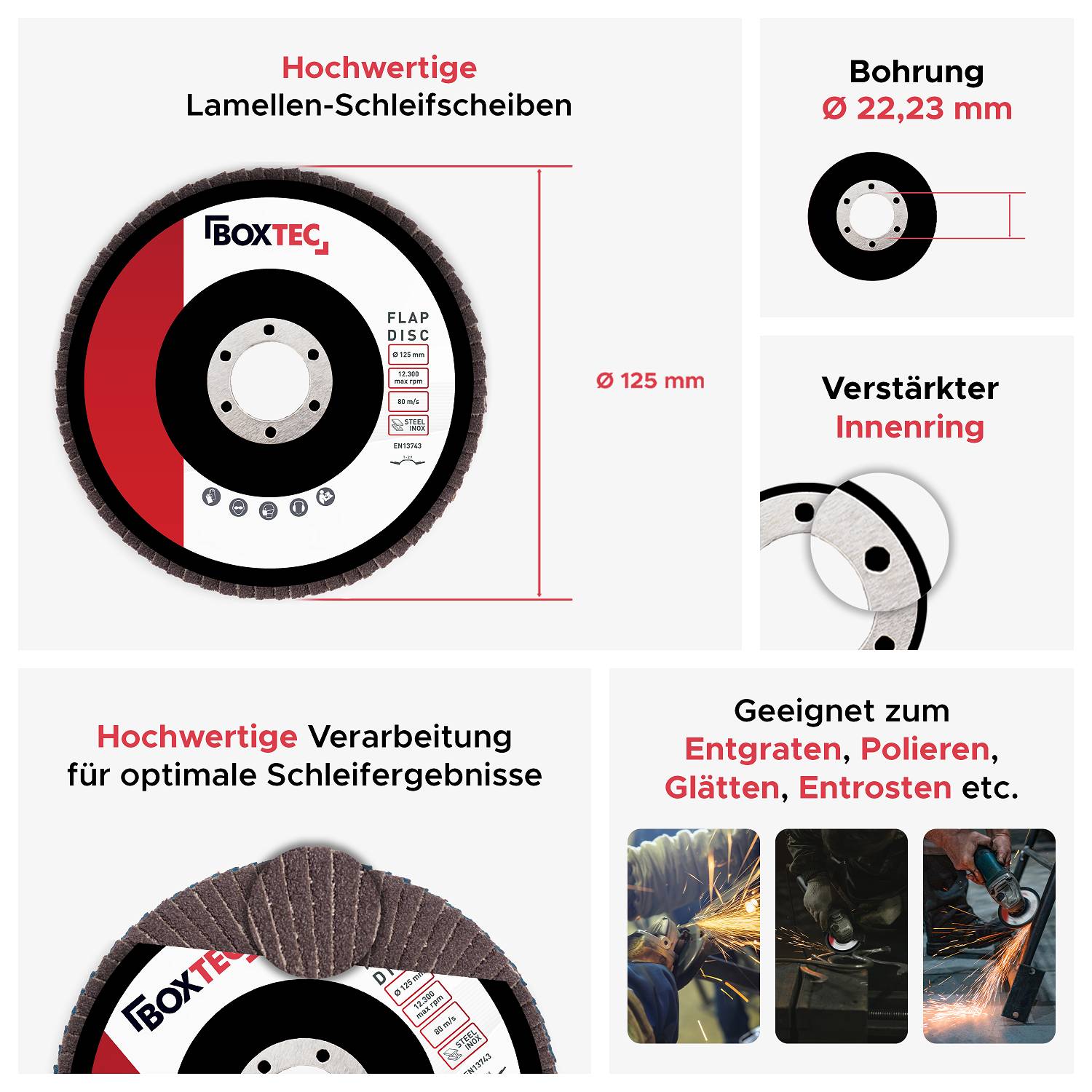 BOXTEC Fächerscheiben BRAUN 125mm Lamellenscheiben für Metall & Holz-P80 - 10er Pack