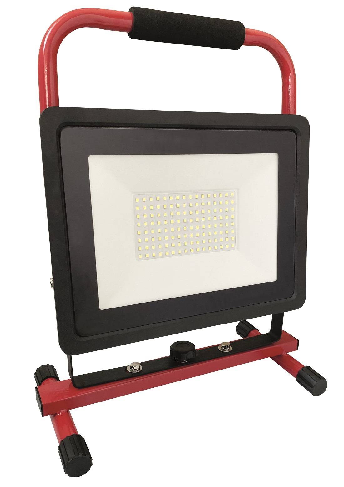 Tragbare rot-schwarze LED-Arbeitsleuchte auf einem Ständer mit Griff und verstellbaren Füßen.