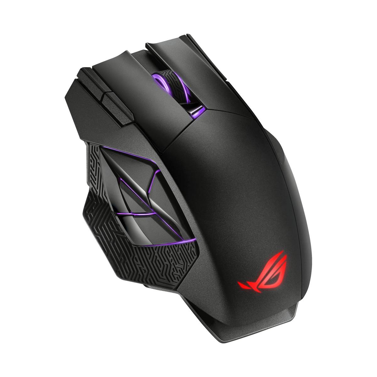 Schwarze ASUS ROG Gaming-Maus mit violetten LED-Akzenten und rotem ROG-Logo auf weißem Hintergrund.