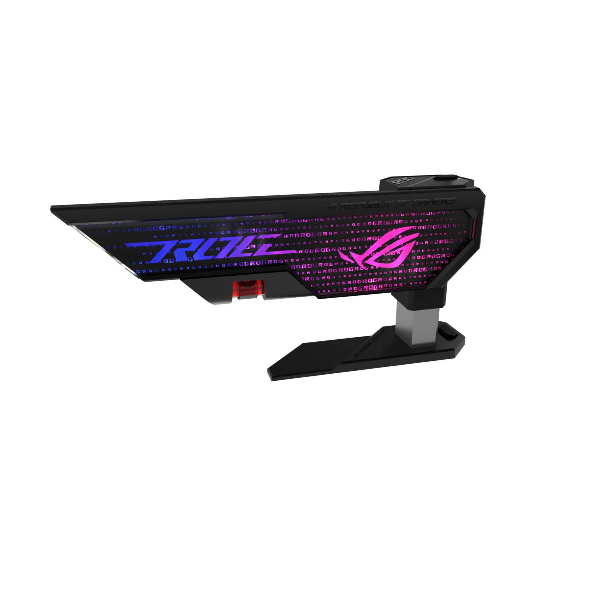 Futuristisches schwarzes Computerkomponent mit leuchtendem blauem und rosa ROG-Logo, in Seitenansicht auf weißem Hintergrund.