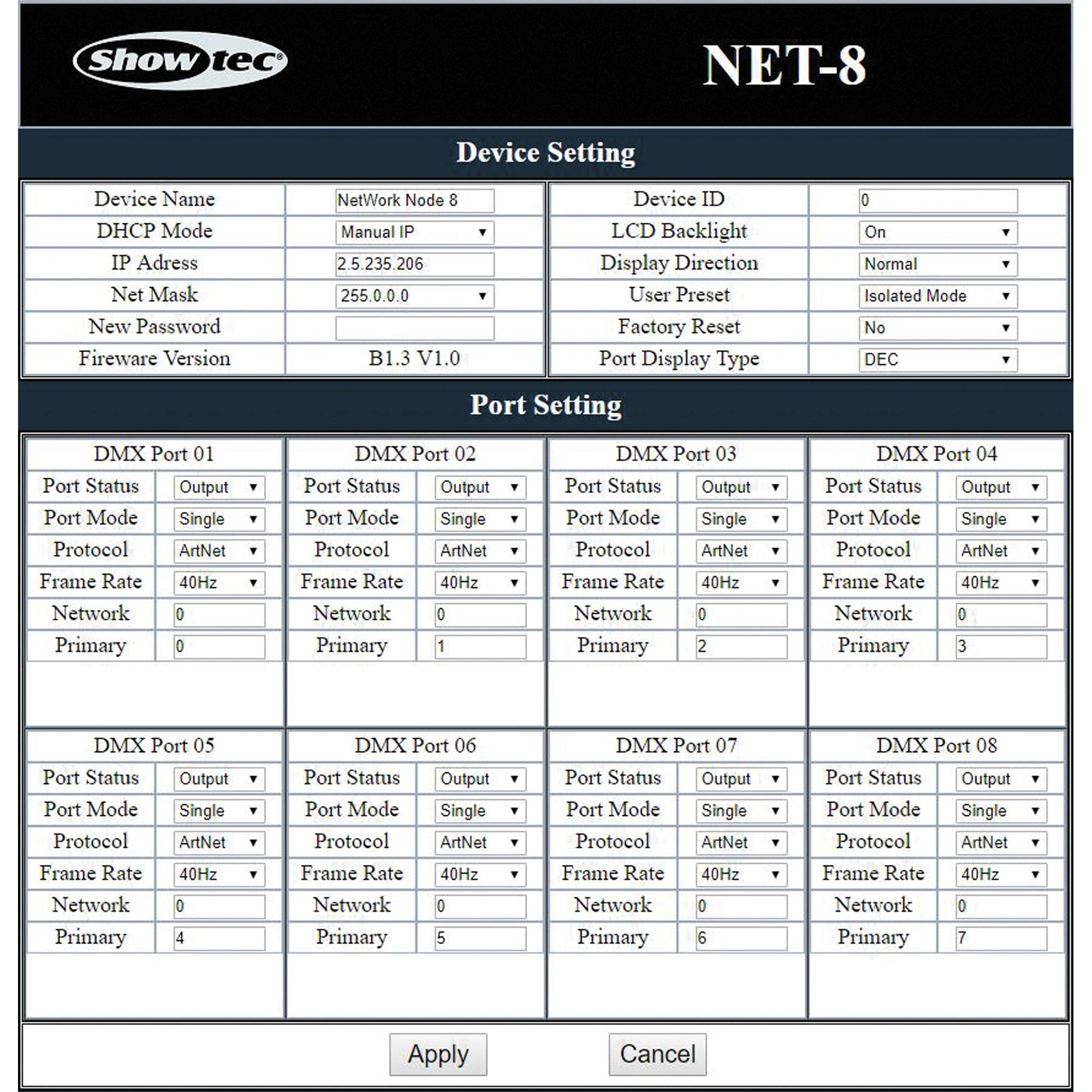 Showtec NET-8/5 Art-Net/Klingnet-Node mit 8 Kanälen - XLR - 5-polig