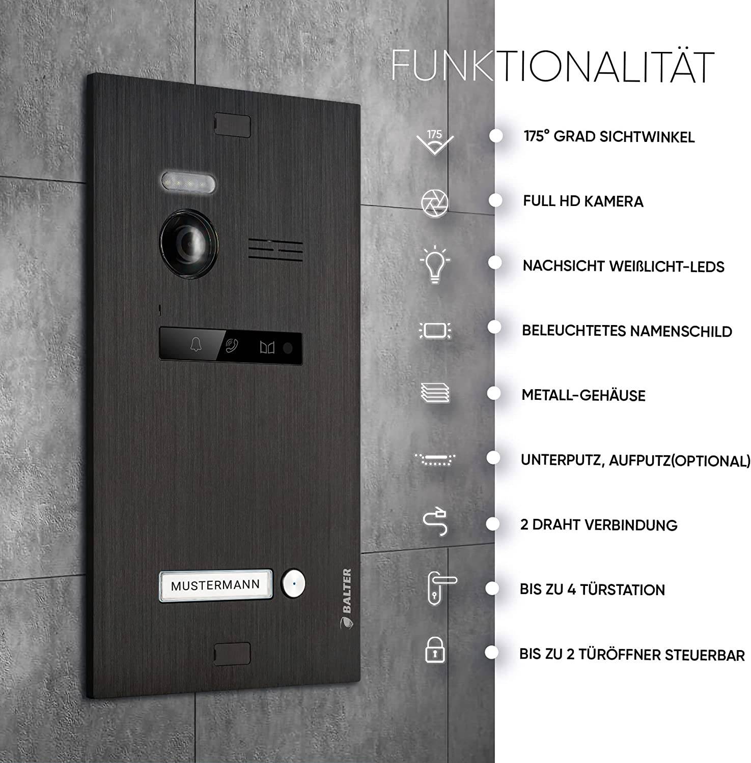 Balter EVO-HD Video Türsprechanlage, Video Türklingel mit Kamera, 1 Familienhaus Klingel, 2X 7 Zoll HD Monitore, Full HD-Kamera, 2 Draht Bus, Gegens