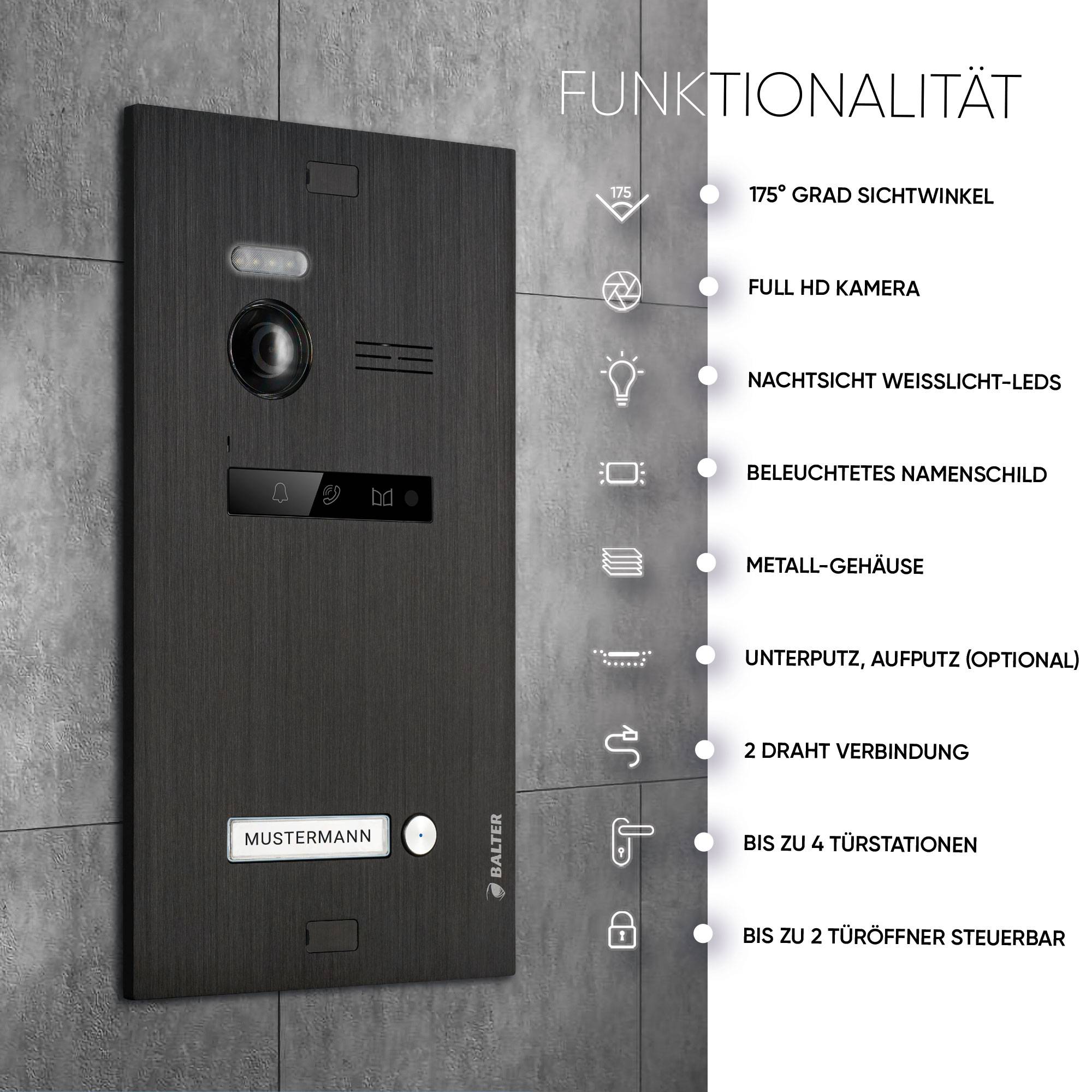 Balter EVO-HD Video Türsprechanlage, Video Türklingel mit Kamera, Smartphone App, 1 Familienhaus Klingel, 4X 7 Zoll HD Monitore, Full HD-Kamera, 2