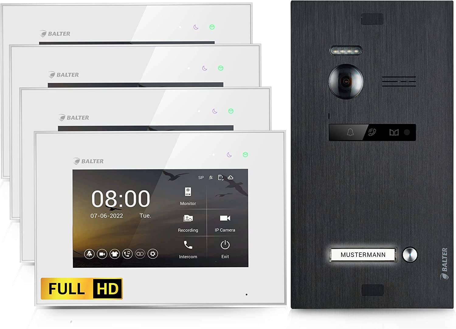 Balter EVO-HD Video Türsprechanlage, Video Türklingel mit Kamera, 1 Familienhaus Klingel, 4X 7 Zoll HD Monitore, Full HD-Kamera, 2 Draht Bus, Gegens