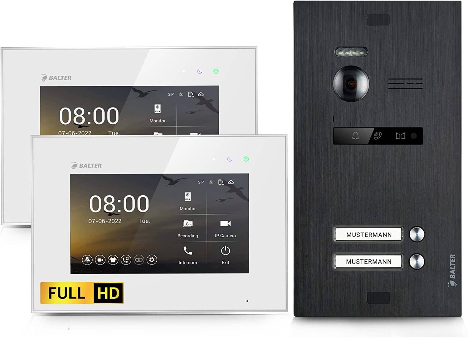 Balter EVO-HD Video Türsprechanlage, Video Türklingel mit Kamera, 2 familienhaus Klingel, 7 Zoll HD Monitor, Full HD-Kamera, 2 Draht Bus, Gegensprec