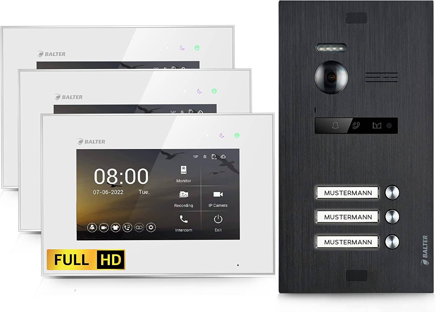 Balter EVO-HD Video Türsprechanlage, Video Türklingel mit Kamera, 3 familienhaus Klingel, 7 Zoll HD Monitor, Full HD-Kamera, 2 Draht Bus, Gegensprec
