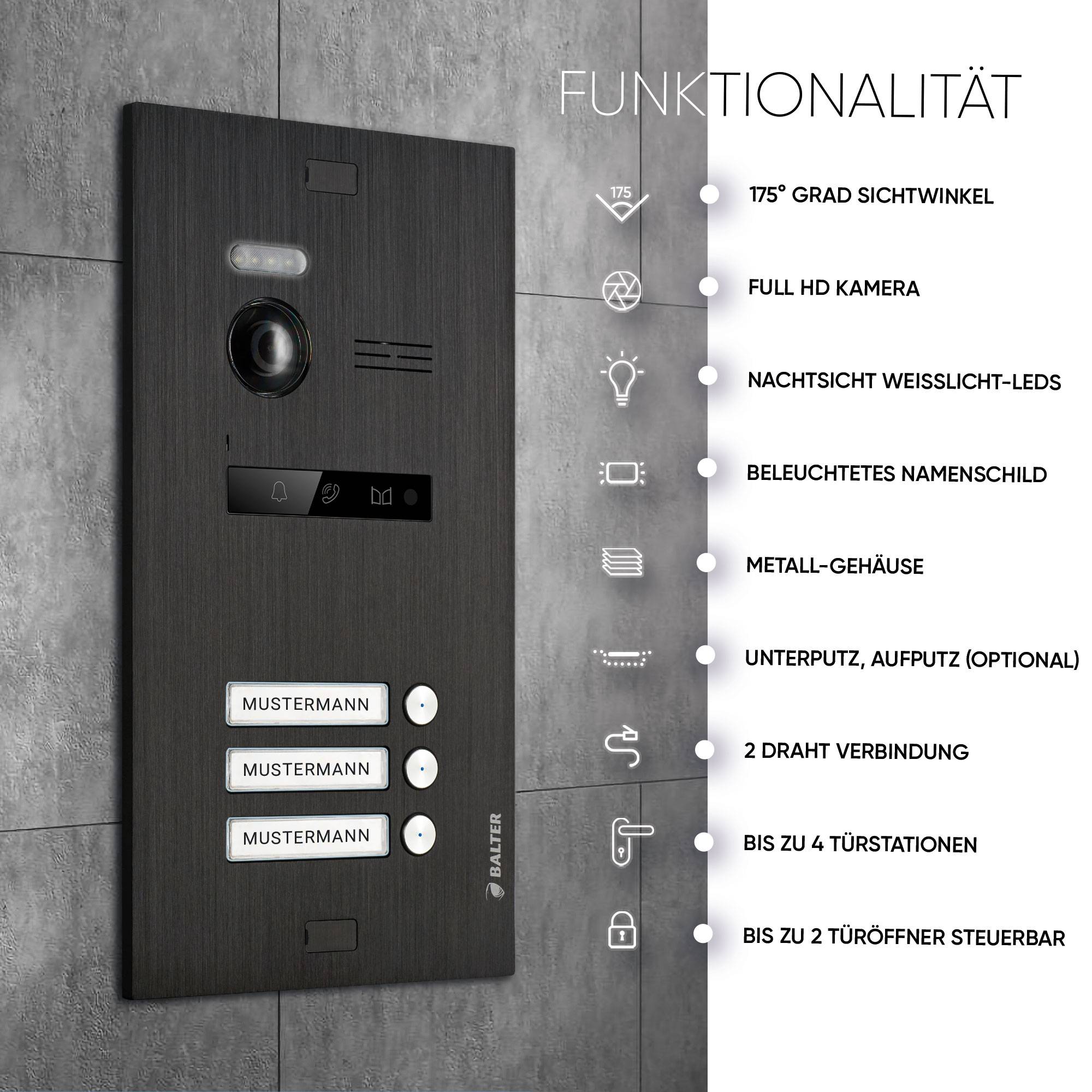 Balter EVO-HD Video Türsprechanlage, Video Türklingel mit Kamera, 3 familienhaus Klingel, Smartphone App, 7 Zoll HD Monitor, Full HD-Kamera, 2 Draht