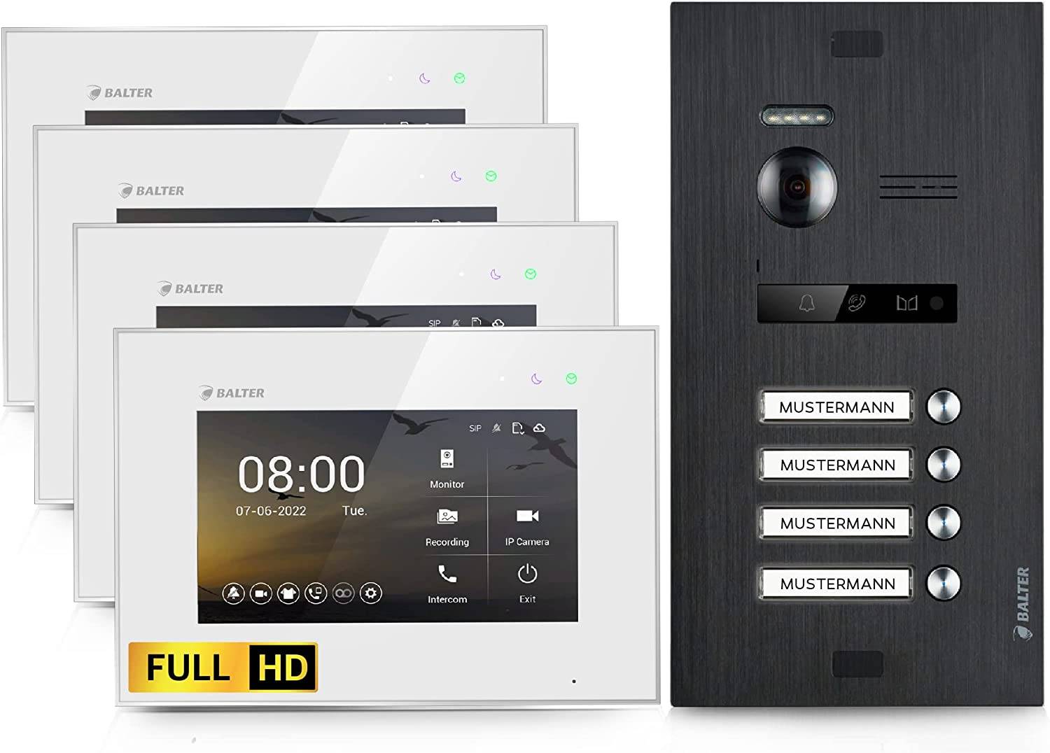 Balter EVO-HD Video Türsprechanlage, Video Türklingel mit Kamera, 4 familienhaus Klingel, 4 x 7 Zoll HD Monitor, Full HD-Kamera, 2 Draht Bus, Gegens
