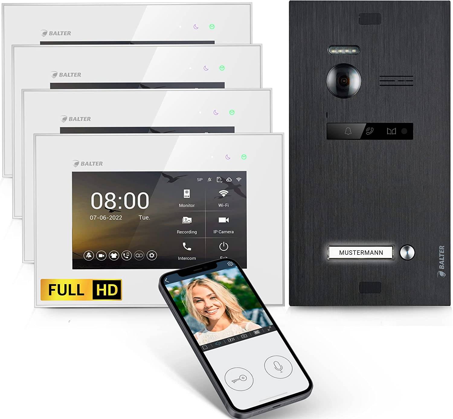 Balter EVO-HD Video Türsprechanlage, Video Türklingel mit Kamera, Smartphone App, 1 Familienhaus Klingel, 4X 7 Zoll HD Monitore, Full HD-Kamera, 2