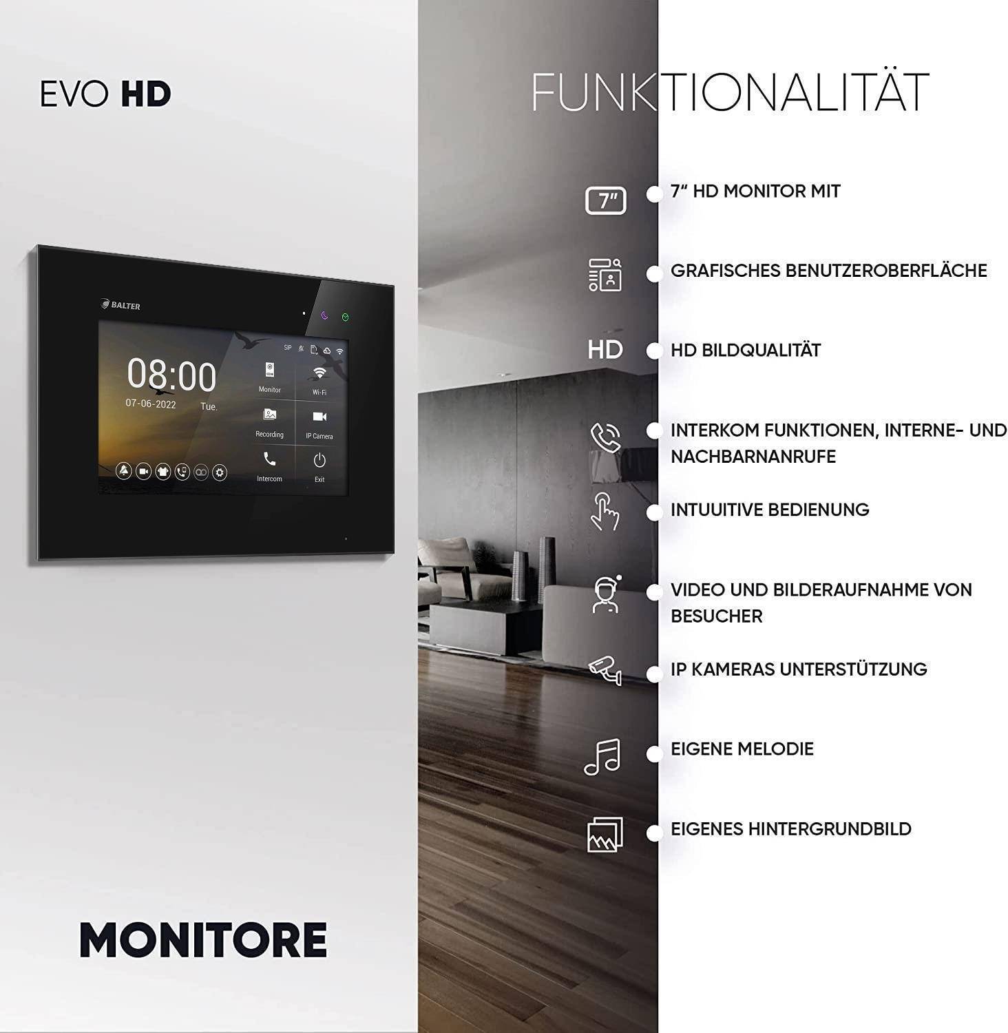 Balter EVO-HD Video Türsprechanlage, Video Türklingel mit Kamera, 1 Familienhaus Klingel, 4X 7 Zoll HD Monitore, Full HD-Kamera, 2 Draht Bus, Gegens