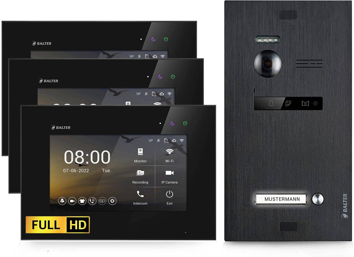 Balter EVO-HD Video Türsprechanlage, Video Türklingel mit Kamera, 1 Familienhaus Klingel, 3X 7 Zoll HD Monitore, Full HD-Kamera, 2 Draht Bus, Gegens