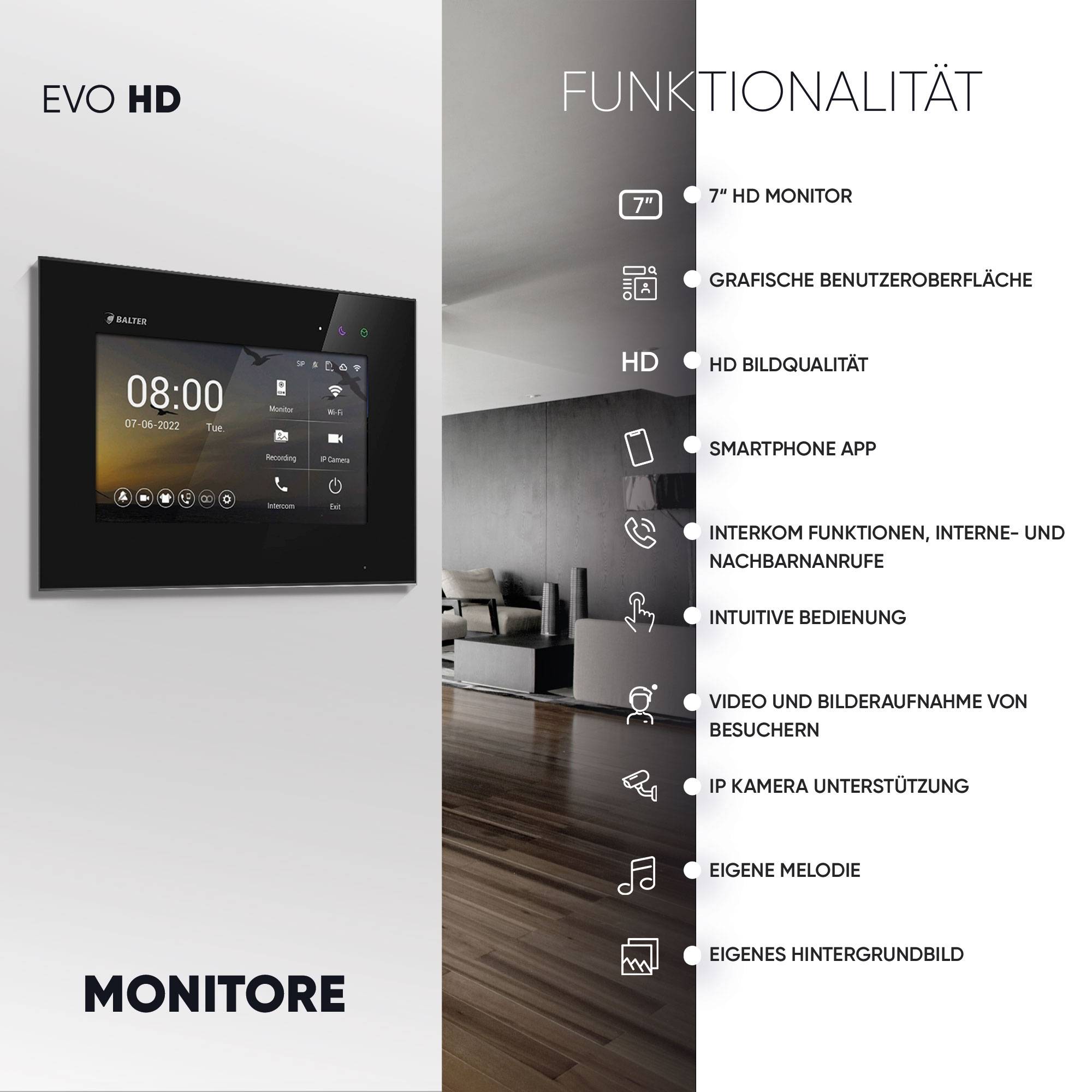 Balter EVO-HD Video Türsprechanlage, Video Türklingel mit Kamera, 2 familienhaus Klingel, Smartphone App, 7 Zoll HD Monitor, Full HD-Kamera, 2 Draht
