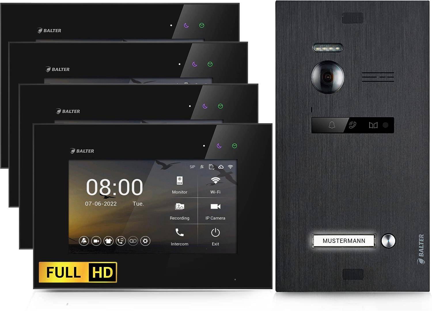 Balter EVO-HD Video Türsprechanlage, Video Türklingel mit Kamera, 1 Familienhaus Klingel, 4X 7 Zoll HD Monitore, Full HD-Kamera, 2 Draht Bus, Gegens