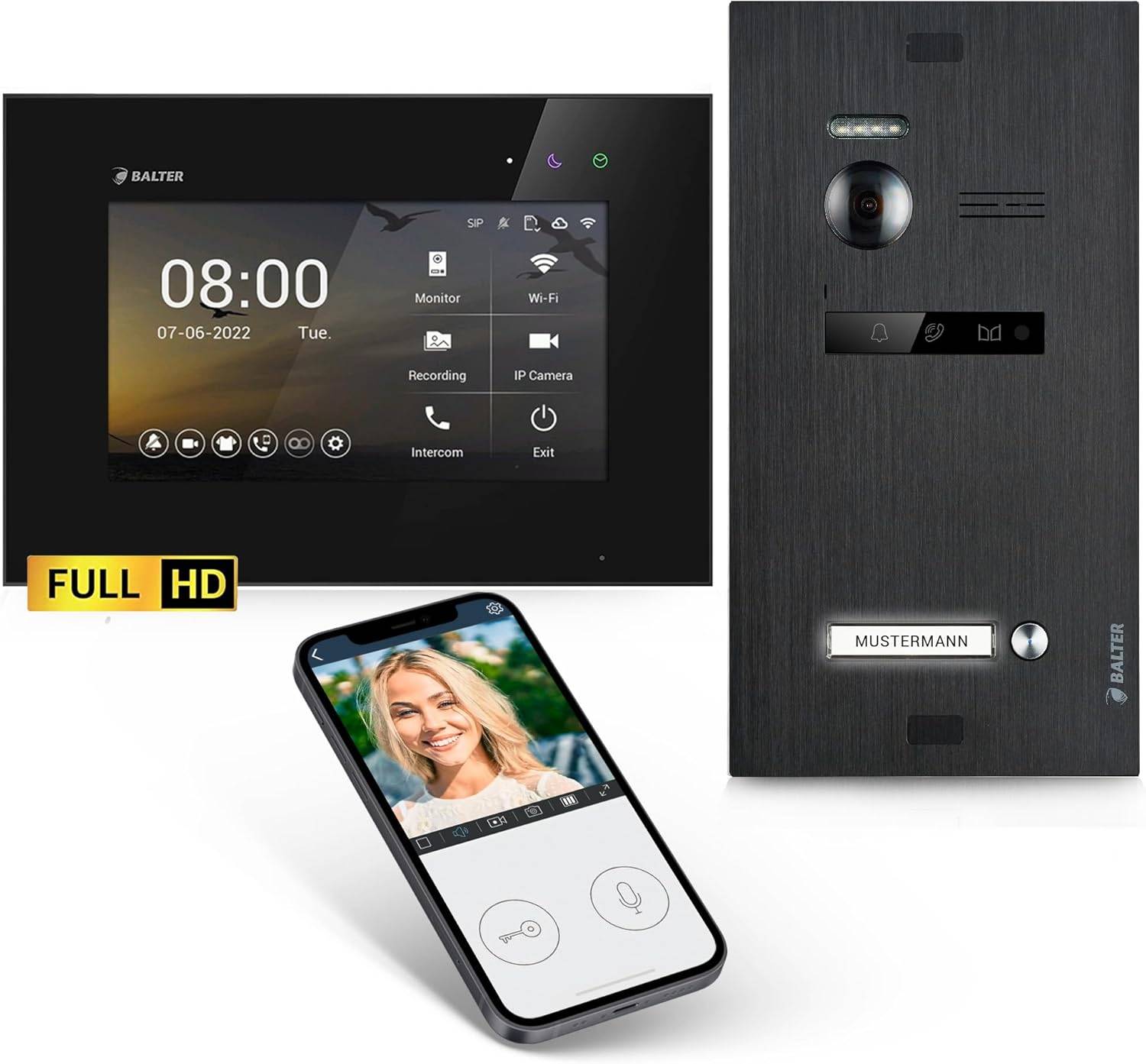 Balter EVO-HD Video Türsprechanlage, Video Türklingel mit Kamera, Smartphone App, 1 Familienhaus Klingel, 7 Zoll HD Monitore, Full HD-Kamera, 2 Drah