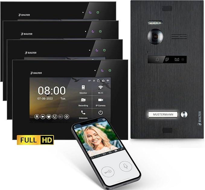 Balter EVO-HD Video Türsprechanlage, Video Türklingel mit Kamera, Smartphone App, 1 Familienhaus Klingel, 4X 7 Zoll HD Monitore, Full HD-Kamera, 2