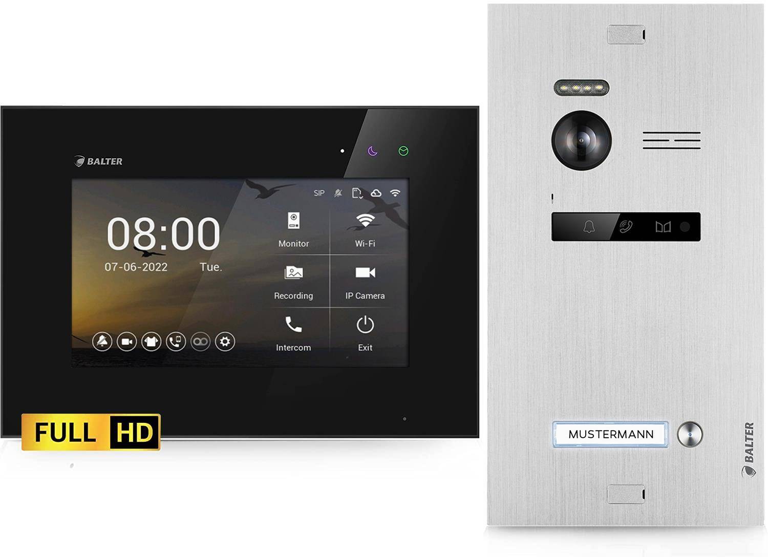 Balter EVO-HD Video Türsprechanlage, Video Türklingel mit Kamera, 1 Familienhaus Klingel, 1x 7 Zoll HD Monitor, Full HD-Kamera, 2 Draht Bus, Gegensp