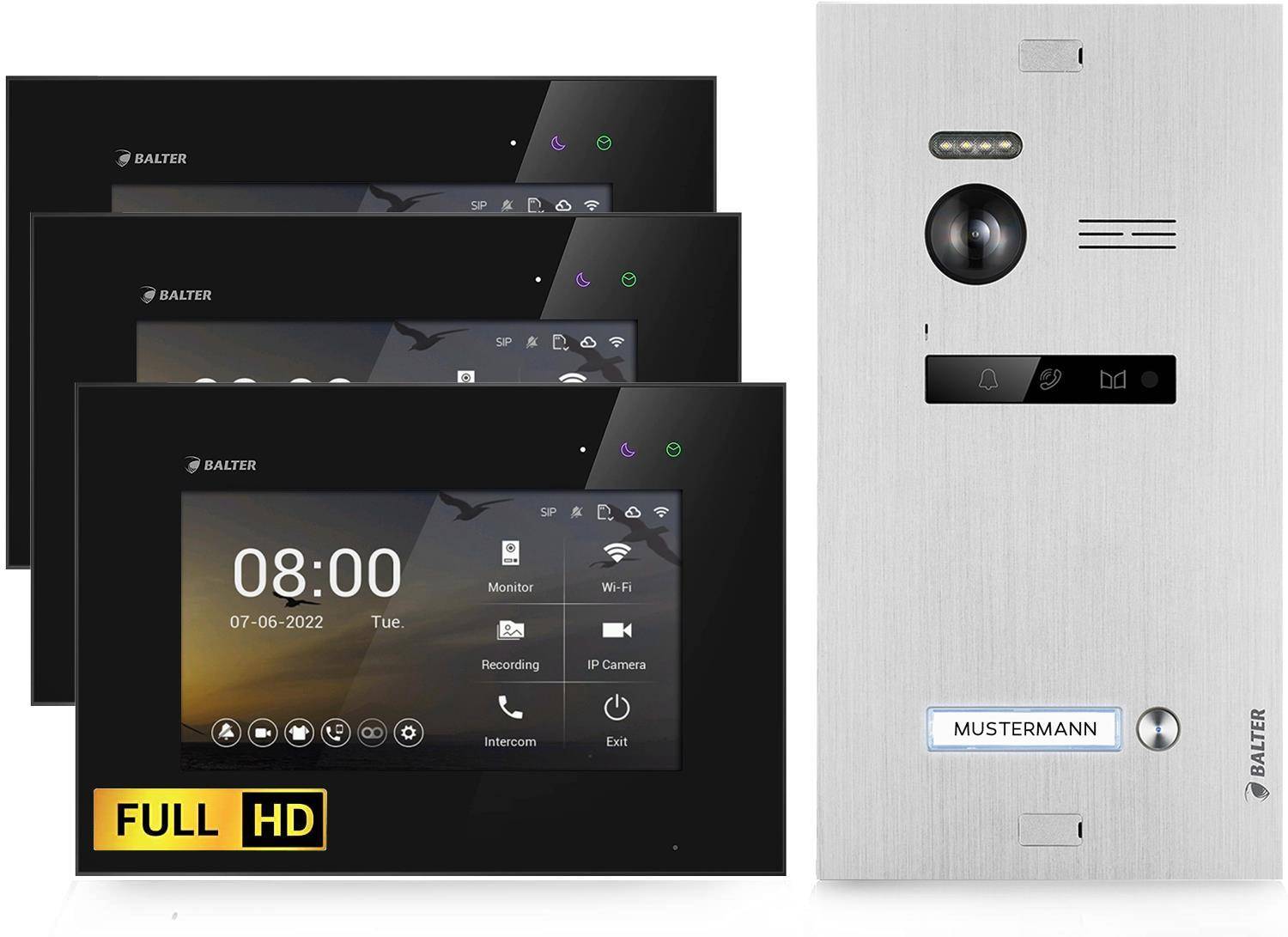 Balter EVO-HD Video Türsprechanlage, Video Türklingel mit Kamera, 1 Familienhaus Klingel, 3X 7 Zoll HD Monitor, Full HD-Kamera, 2 Draht Bus, Gegensp