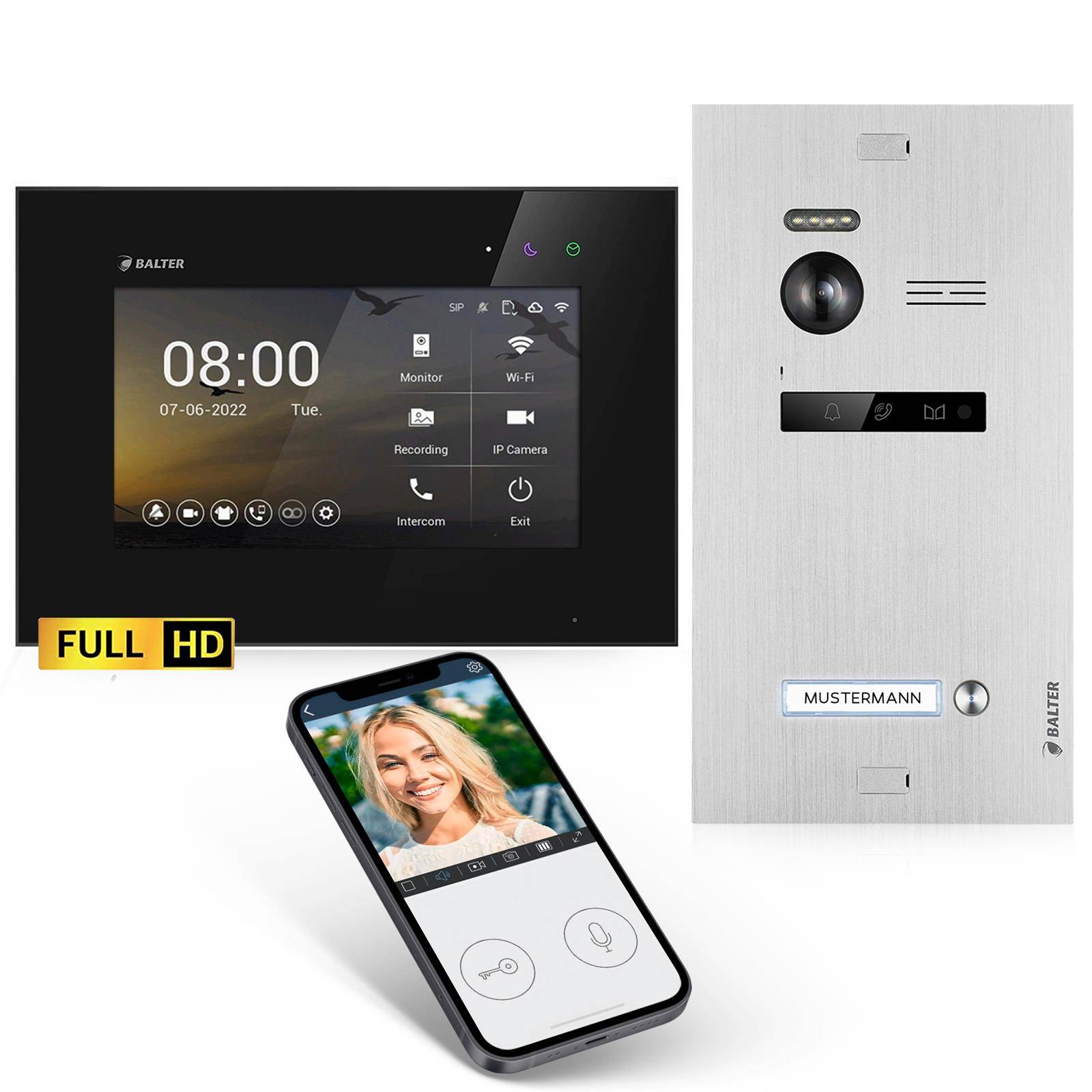 Balter EVO-HD Video Türsprechanlage, Video Türklingel, Smartphone App, 1 Familienhaus Klingel, 1X 7 Zoll HD Monitor, Full HD-Kamera, 2 Draht Bus, Ge
