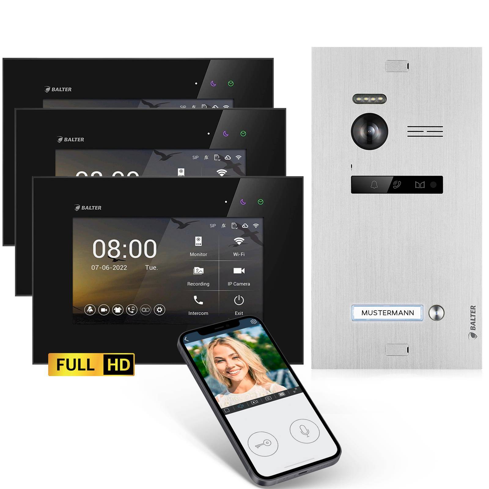 Balter EVO-HD Video Türsprechanlage, Video Türklingel mit Kamera, Smartphone App, 1 Familienhaus Klingel, 3X 7 Zoll HD Monitor, Full HD-Kamera, 2 Dr