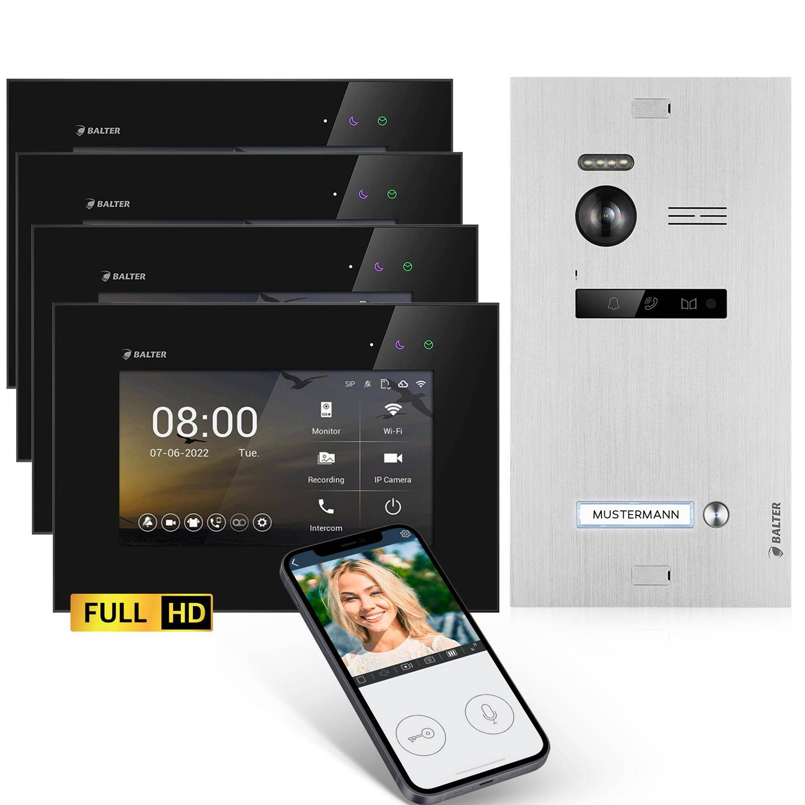 Balter EVO-HD Video Türsprechanlage, Video Türklingel mit Kamera, Smartphone App, 1 Familienhaus Klingel, 4X 7 Zoll HD Monitor, Full HD-Kamera, 2 Dr