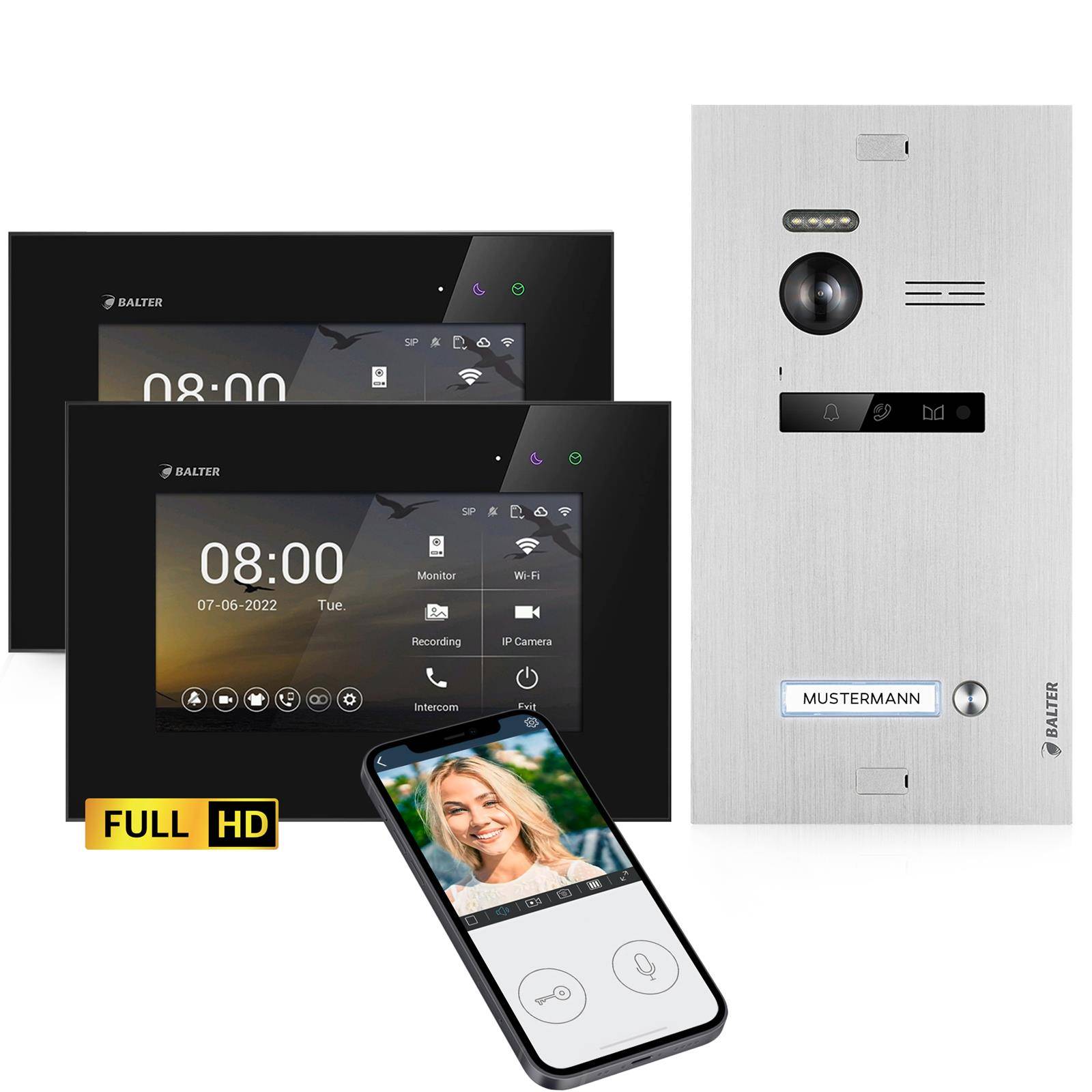 Balter EVO-HD Video Türsprechanlage, Video Türklingel, Smartphone App, 1 Familienhaus Klingel, 2X 7 Zoll HD Monitore, Full HD-Kamera, 2 Draht Bus,
