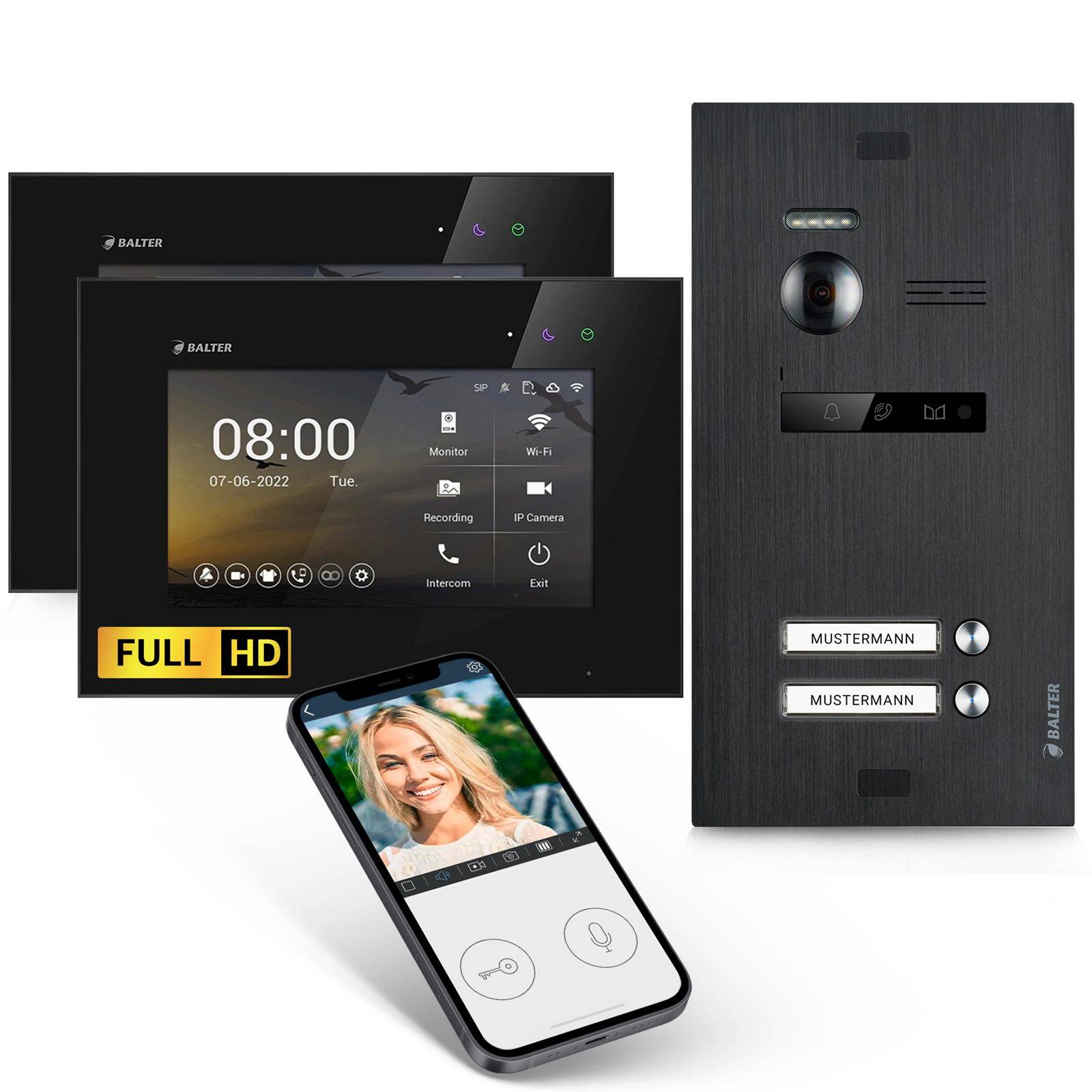 Balter EVO-HD Video Türsprechanlage, Video Türklingel mit Kamera, 2 familienhaus Klingel, Smartphone App, 7 Zoll HD Monitor, Full HD-Kamera, 2 Draht