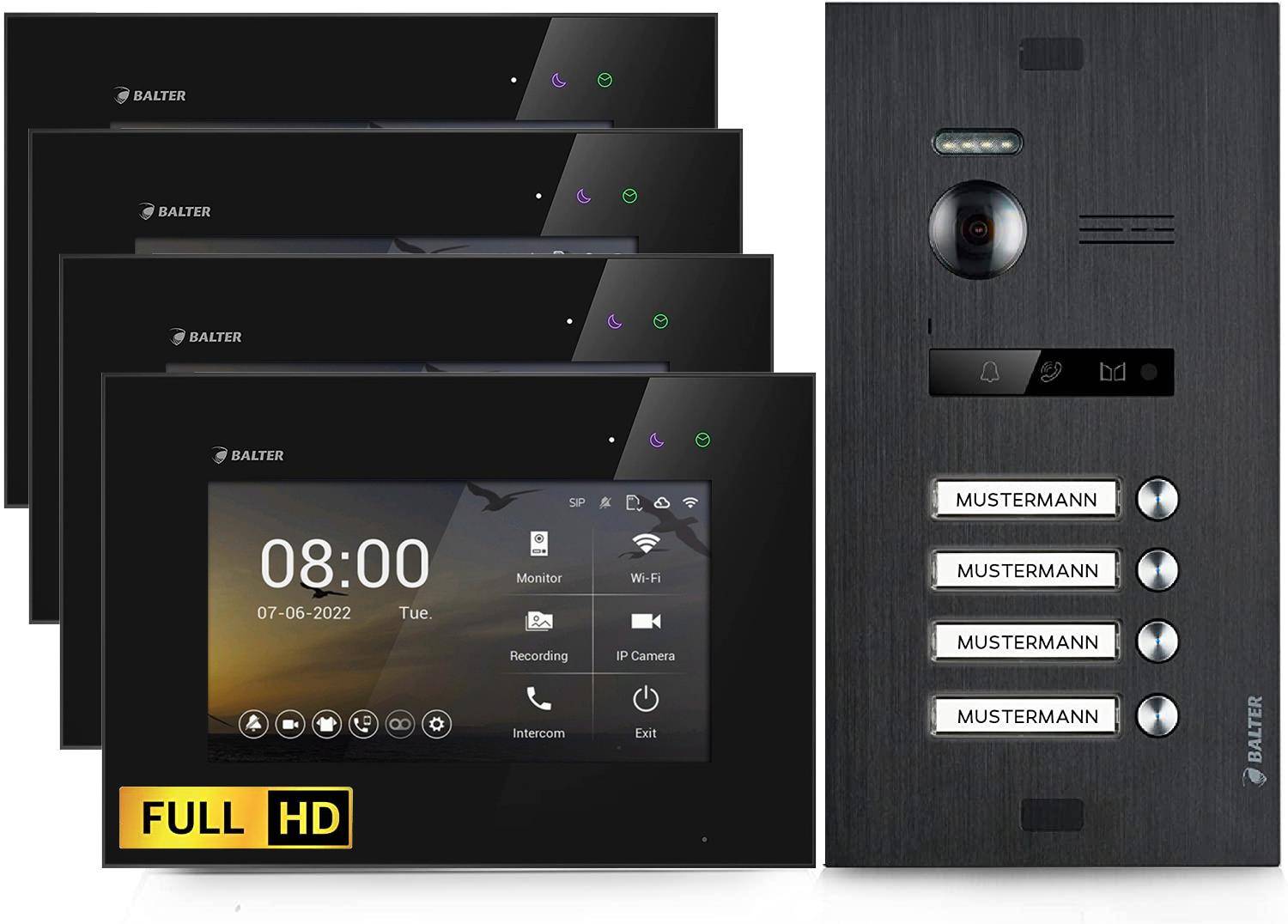 Balter EVO-HD Video Türsprechanlage, Video Türklingel mit Kamera, 4 familienhaus Klingel, 7 Zoll HD Monitor, Full HD-Kamera, 2 Draht Bus, Gegensprec