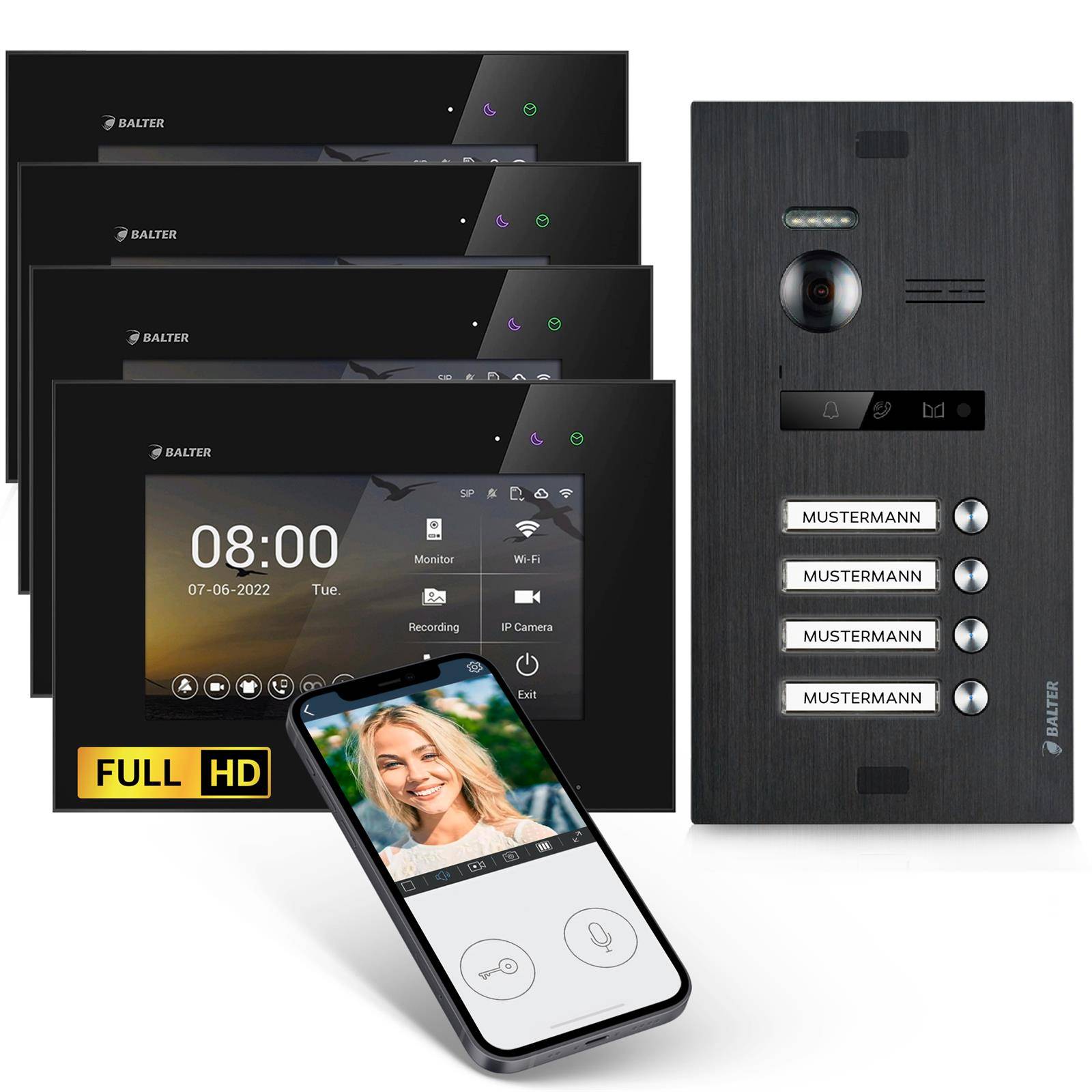 Balter EVO-HD Video Türsprechanlage, Video Türklingel mit Kamera, 4 familienhaus Klingel, Smartphone App, 7 Zoll HD Monitor, Full HD-Kamera, 2 Draht