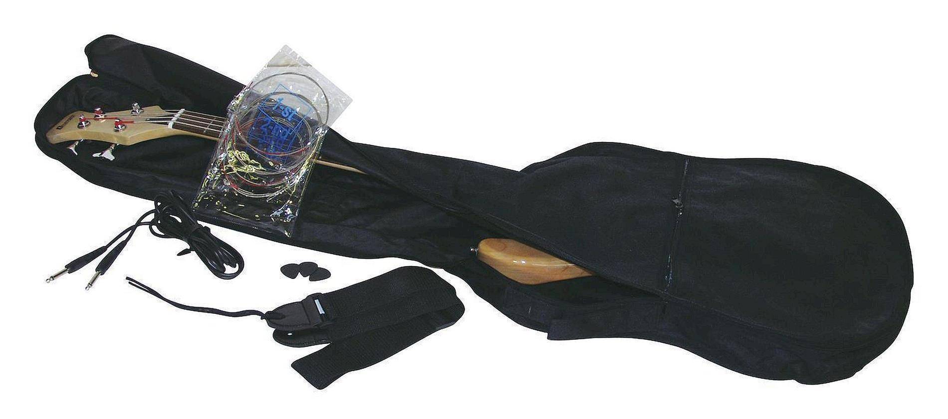 Tischtennis-Set mit zwei Holzschlägern, einem Netz, blauen Kunststoffteilen und drei schwarzen Schweißbändern, alles in einer schwarzen Tasche mit Reißverschluss enthalten.