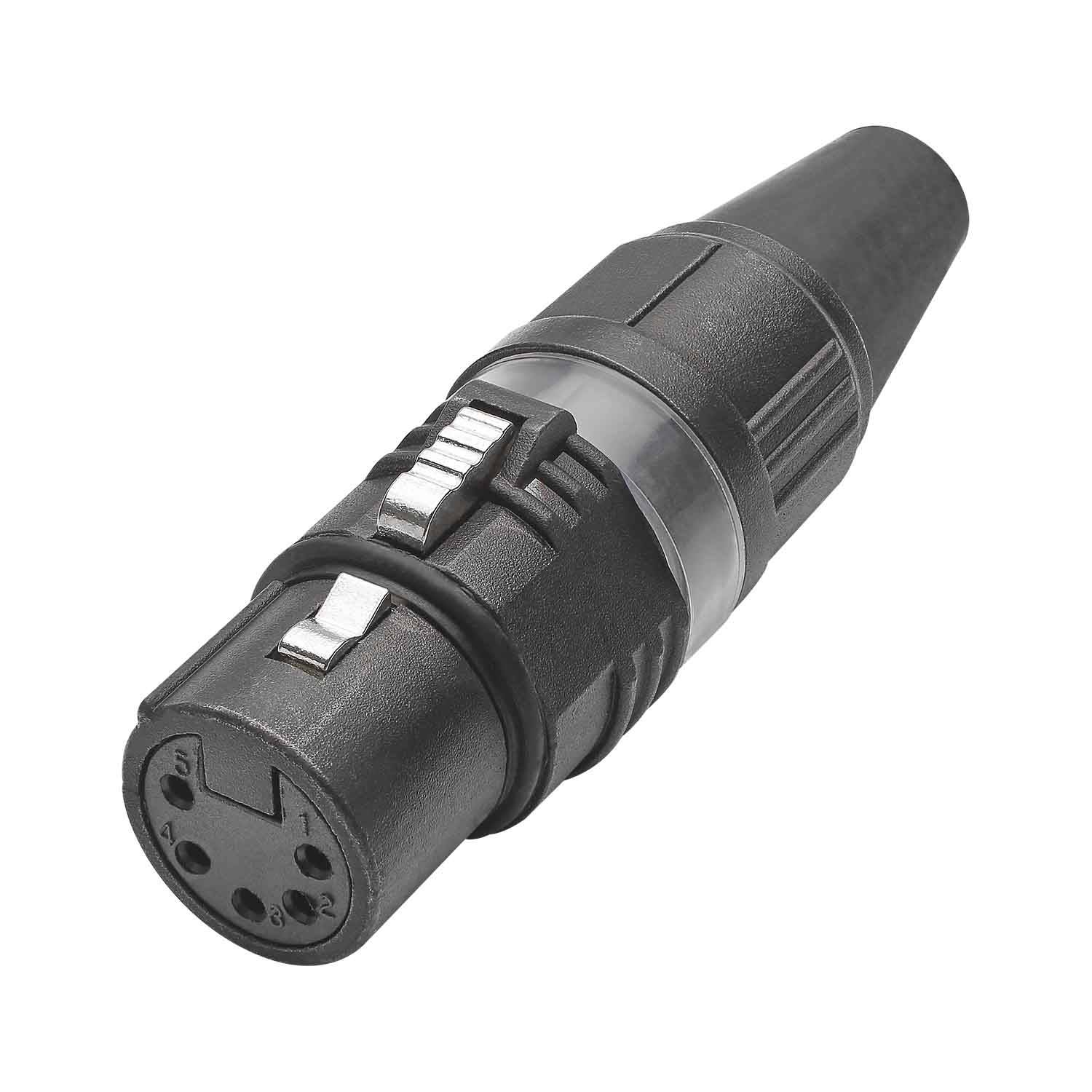 HICON XLR PRO+, 5-pol female, versilberte Kontakte, Metallgehäuse schwarz, Metallkappe schwarz, 6-Backen-Spannzangen-Zugentlastung