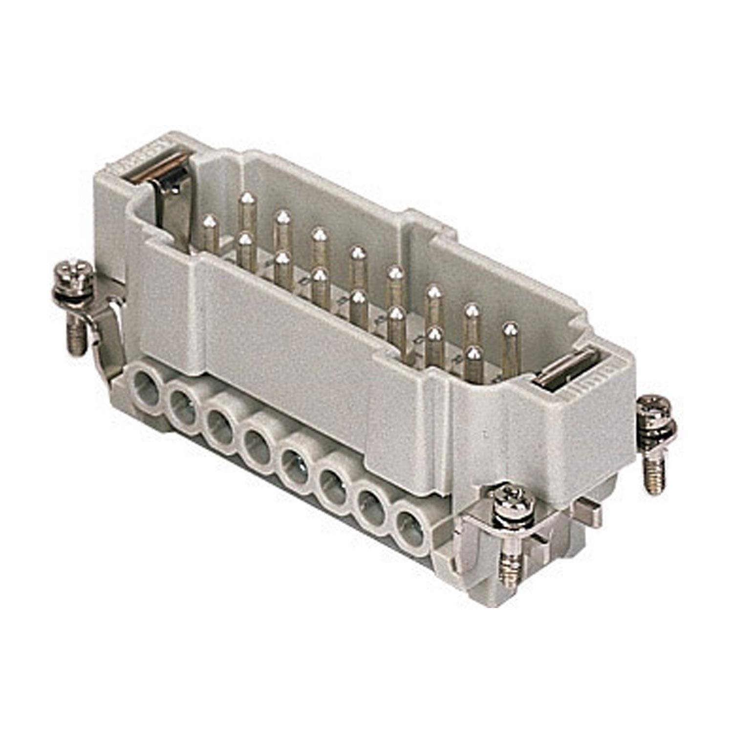 Ein rechteckiger, beiger industrieller Stromstecker mit mehreren Metallstiften und Befestigungsschrauben, der für schwere Anwendungen verwendet wird.