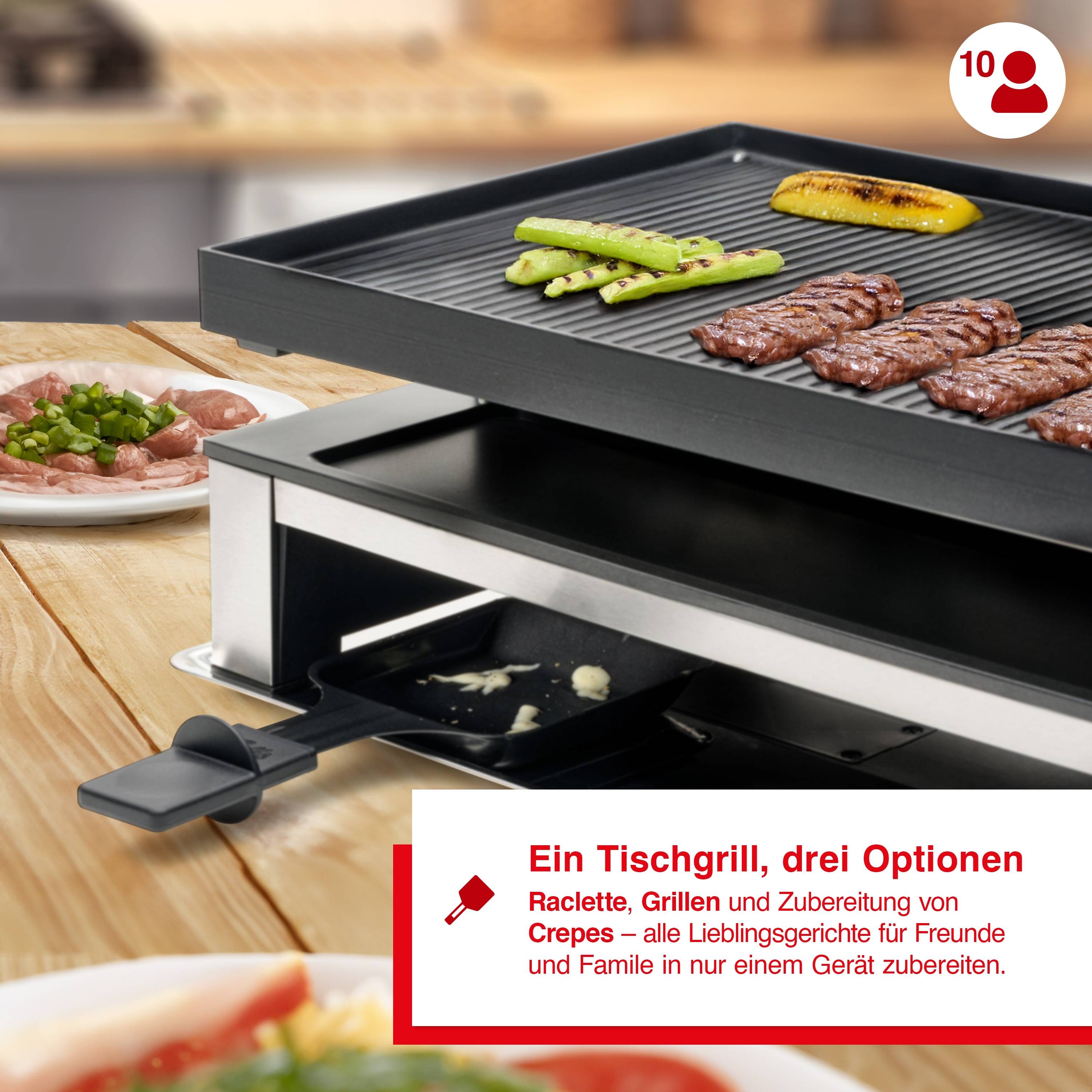 Solis 3 in 1 Raclette Tischgrill, 1500 W, 10 Personen, Grillen, Raclette, Crepes