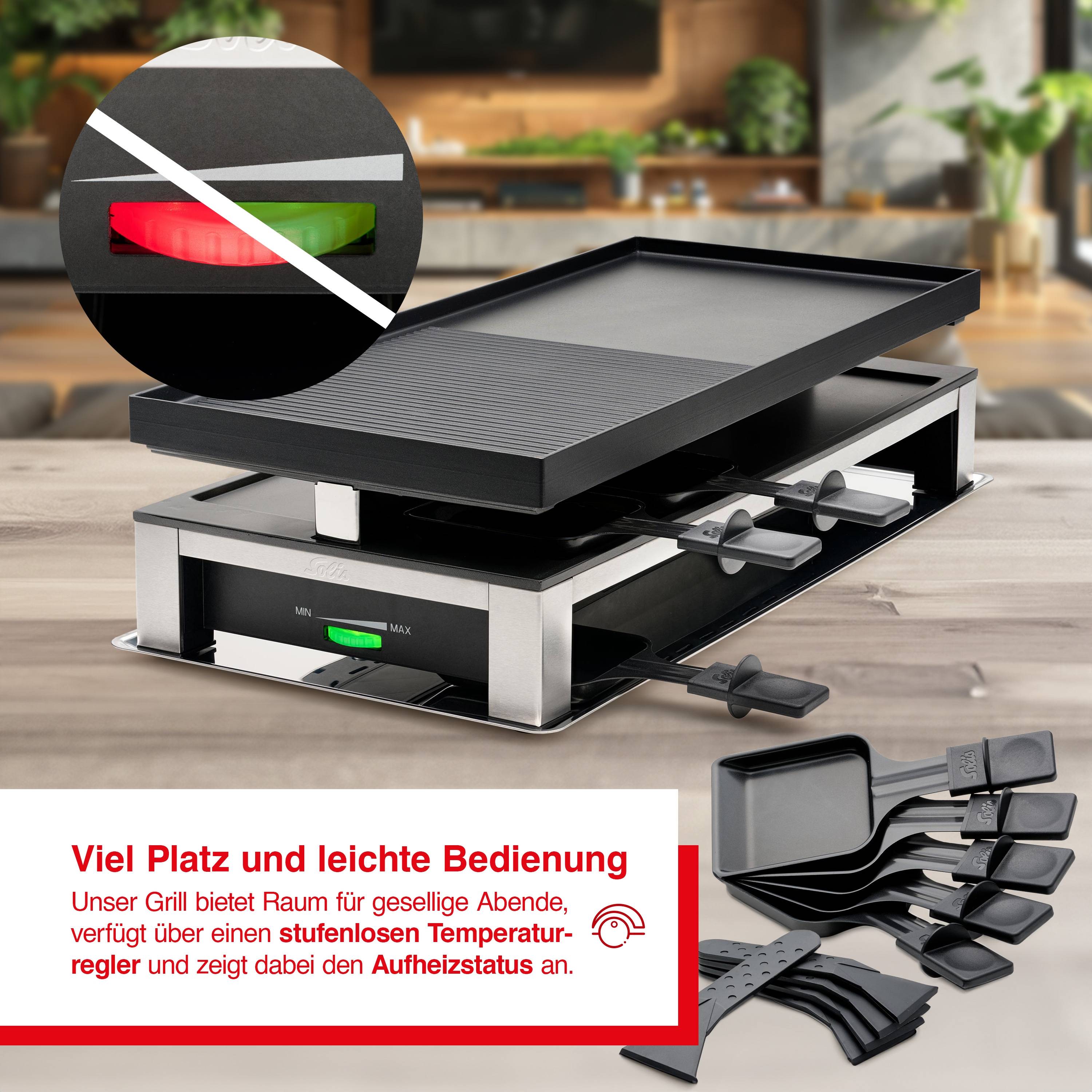 Solis 3 in 1 Raclette Tischgrill, 1500 W, 10 Personen, Grillen, Raclette, Crepes