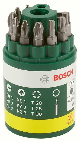 Eine Reihe von Bosch-Schraubendreher-Bits, senkrecht angeordnet und verschiedene Typen und Größen zeigend.
