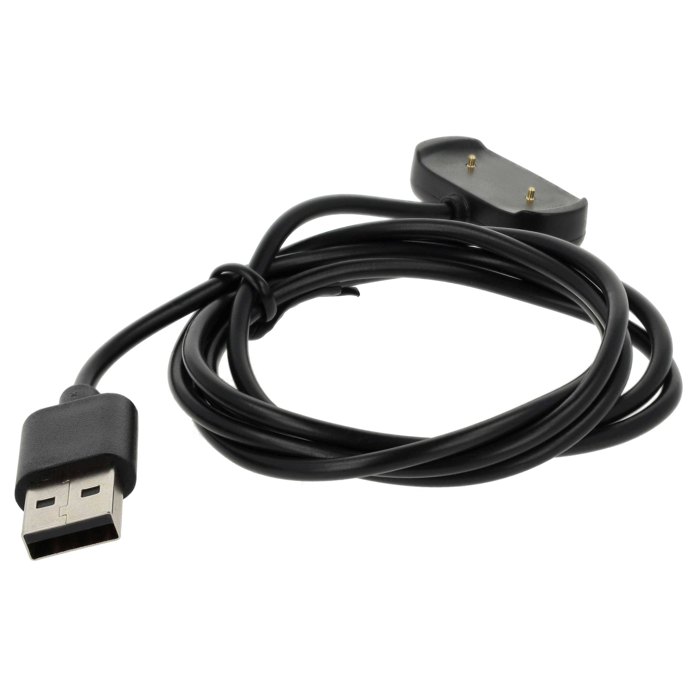 Schwarzes USB-Ladekabel mit USB-A-Stecker auf der einen Seite und einem kleinen zweipoligen Magnetstecker auf der anderen Seite.