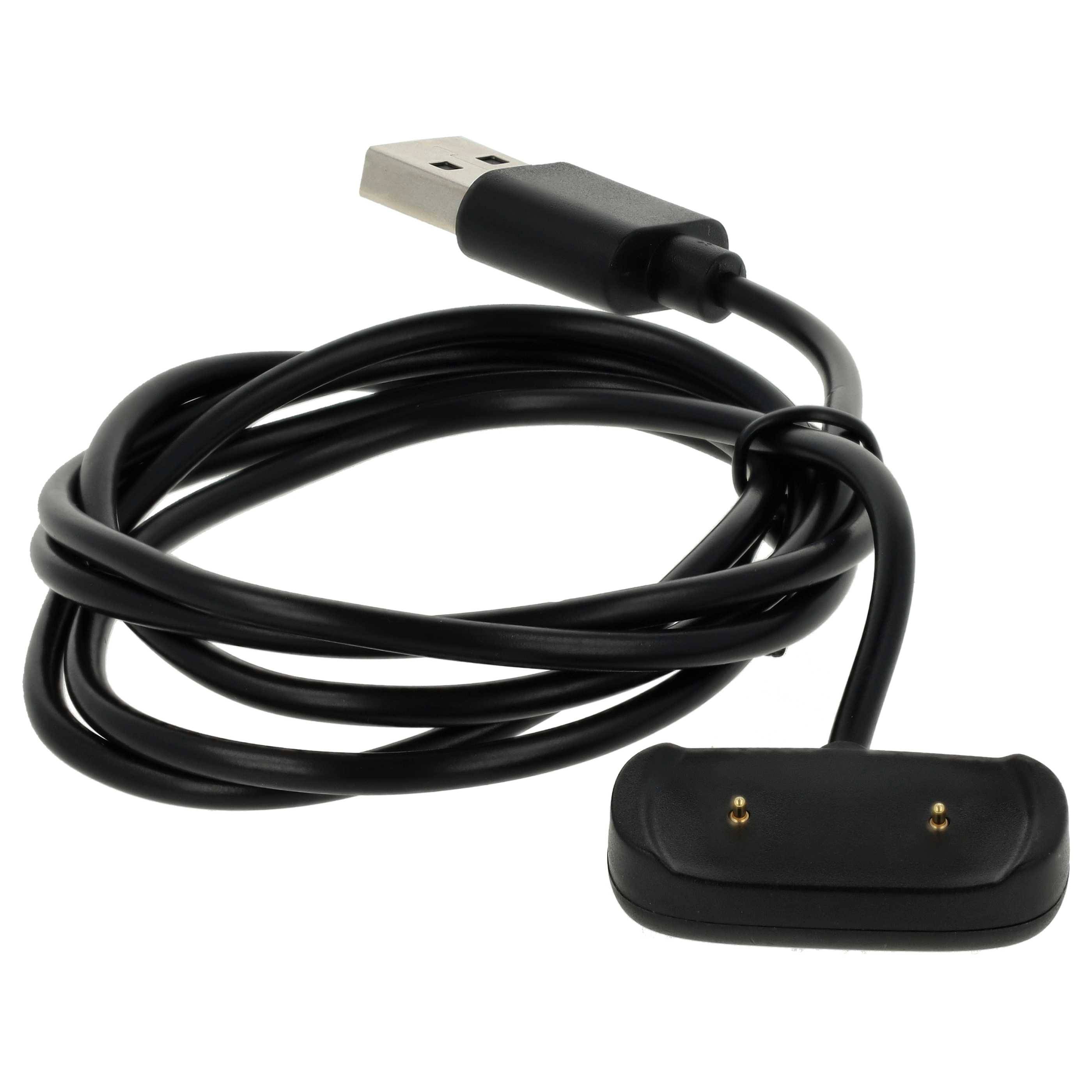 Schwarzes USB-Ladekabel mit magnetischem zweipoligem Stecker auf weißem Hintergrund.